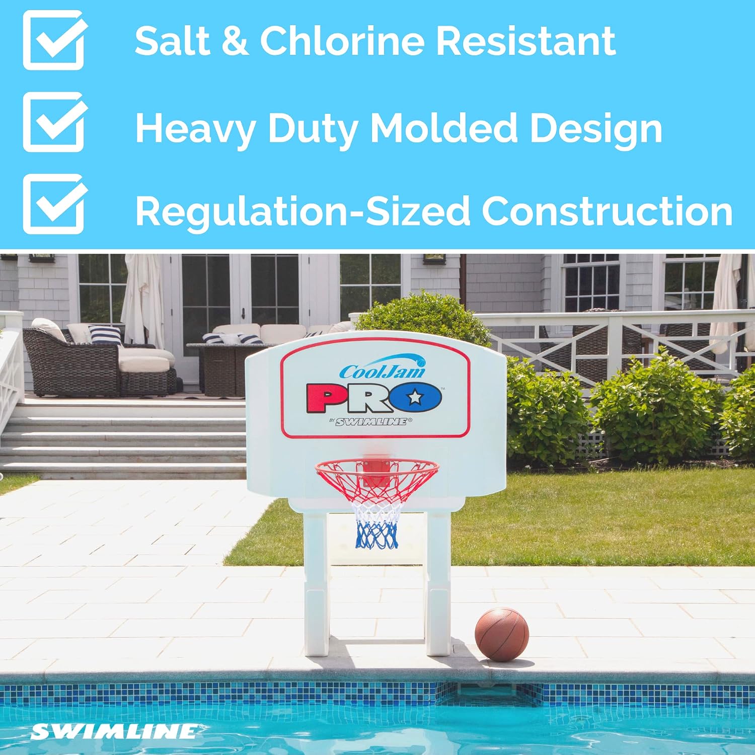 Swimline Cool Jam Pro In-Ground Poolside Basketball Game with Hoop, Regulation Size Ball, and Adjustable Backboard Height for Kids and Adults