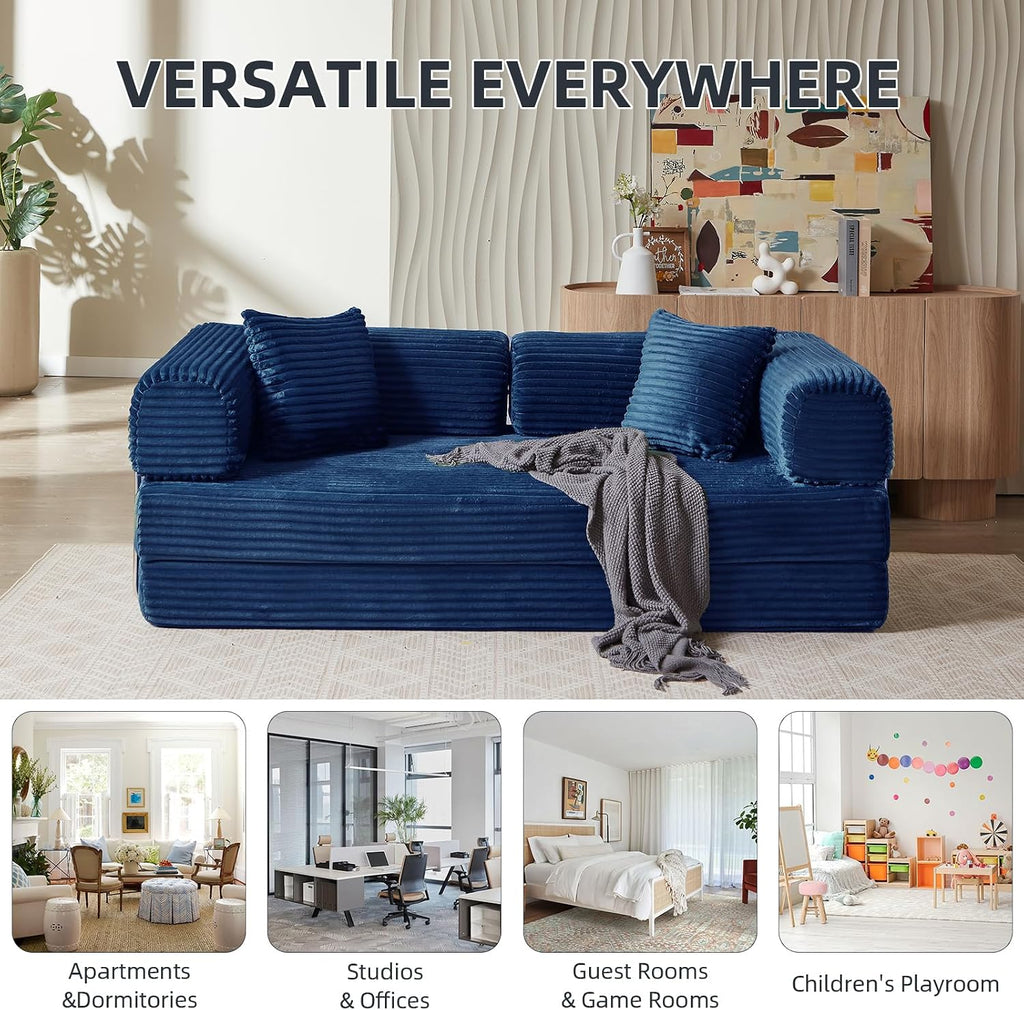 Convertible Folding Sofa Bed,Fold Out Floor Sofa Couch with Fixed-Shape Frame,Corduroy Foldable Mattress Cloud Couch for Living Room Bedroom (Blue, 81 Inch)