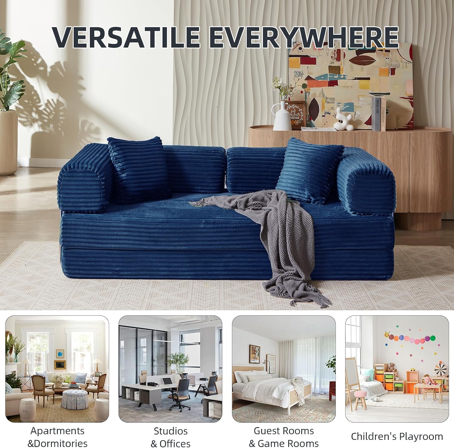 Convertible Folding Sofa Bed,Fold Out Floor Sofa Couch with Fixed-Shape Frame,Corduroy Foldable Mattress Cloud Couch for Living Room Bedroom (Blue, 81 Inch)