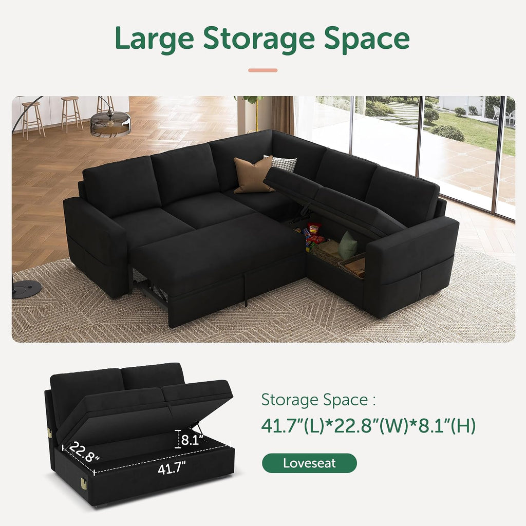 HONBAY Modular Sectional Sleeper Sofa with Pull-Out Bed, Velvet L-Shaped Sofa with Storage Seat, Sectional Sofas for the Living Room, Black