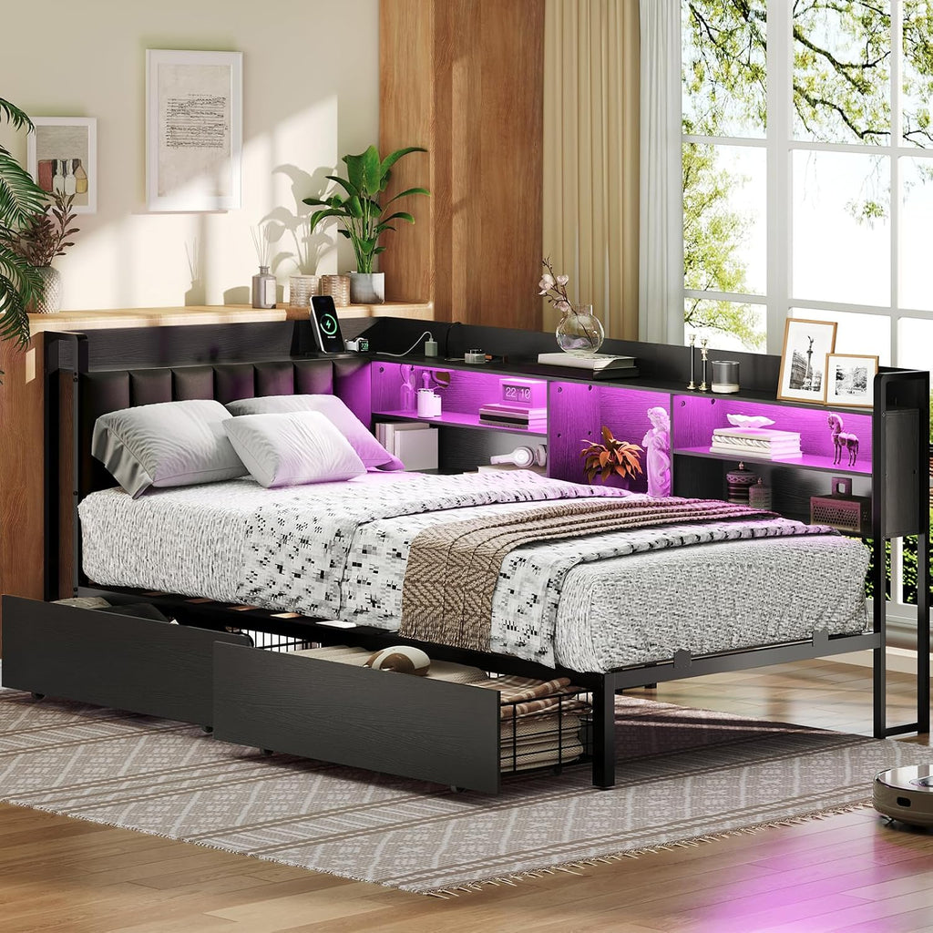RALGEND Corner Bed Frame with Bookcase Storage and PU Upholstered, Twin Daybed with 2 Drawers and Charging Station, Metal Platform Bed Fram for Living Room, Bedroom, Guest Room, Black
