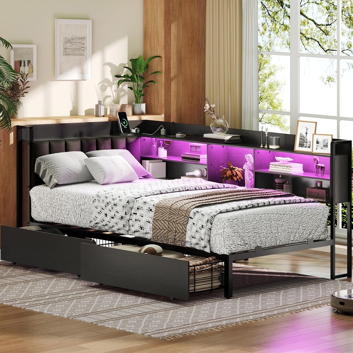 RALGEND Corner Bed Frame with Bookcase Storage and PU Upholstered, Twin Daybed with 2 Drawers and Charging Station, Metal Platform Bed Fram for Living Room, Bedroom, Guest Room, Black