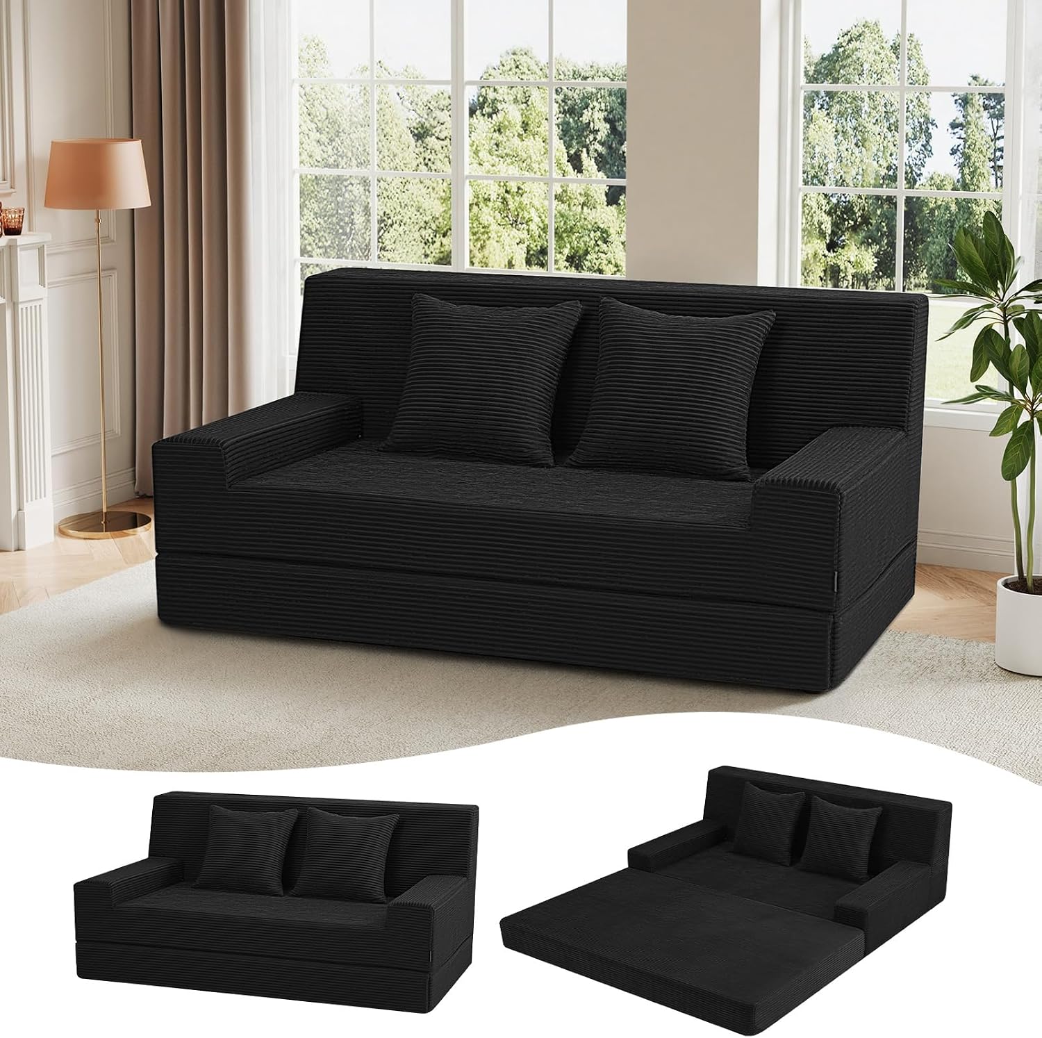 MeMoreCool 59' Loveseat Boneless Couch — Convertible Futon Sofa Bed, Corduroy Foldable 2-in-1 Floor Sleeper for Small Living Room, Apartment, Guest Room, High-Density Foam Support & Washable Cover
