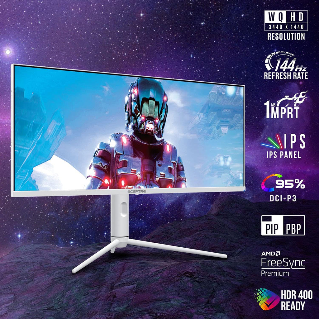 Sceptre IPS 34' White UltraWide Monitor 3440 x 1440p HDR400 1ms up to 144Hz 95% DCI-P3 PIP PBP DisplayPort HDMI USB-C Height Adjustable (E345B-QUN168W)