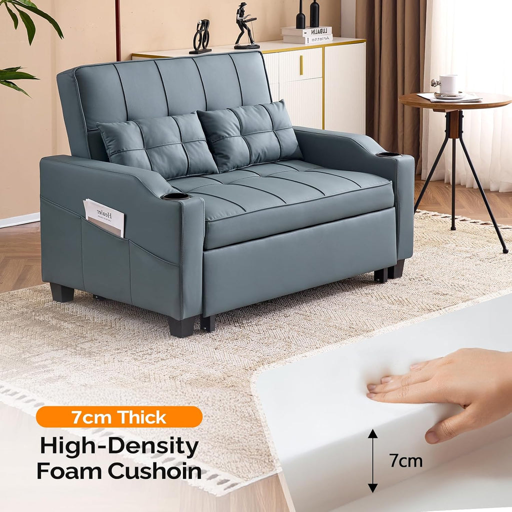 VINGLI Convertible Loveseat Sleeper Sofa, Blue Grey Faux Leather Futon Sofa Bed Pullout Couch Bed with USB Ports, Cup Holders, Armrest for Living Room, Bedroom, Home Office Apartment