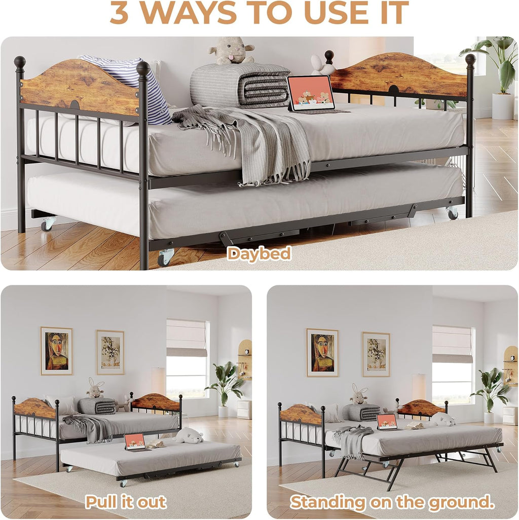 Daybed with Trundle, Metal Twin Size Day Bed with Stylish Headboard, Sofa BedFrame with Pop Up Foldable Trundle Bed, Heavy Duty Steel Slats Platform for Living Room, Bedroom and Guest Room, Brown