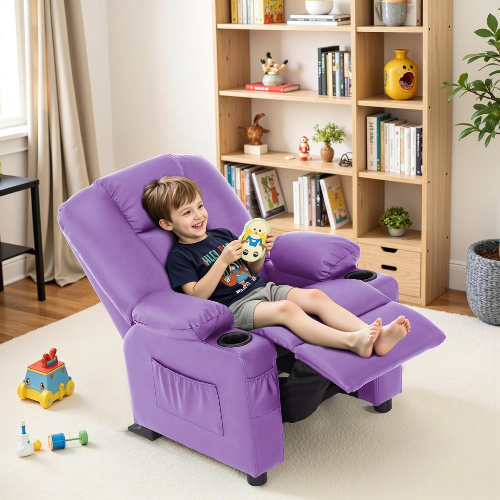 MCombo Big Kids Recliner for Ages 3+, Child Reclining Chair, Toddlers Recliner Sofa with Cup Holders, Faux Leather, 7322(Violet)