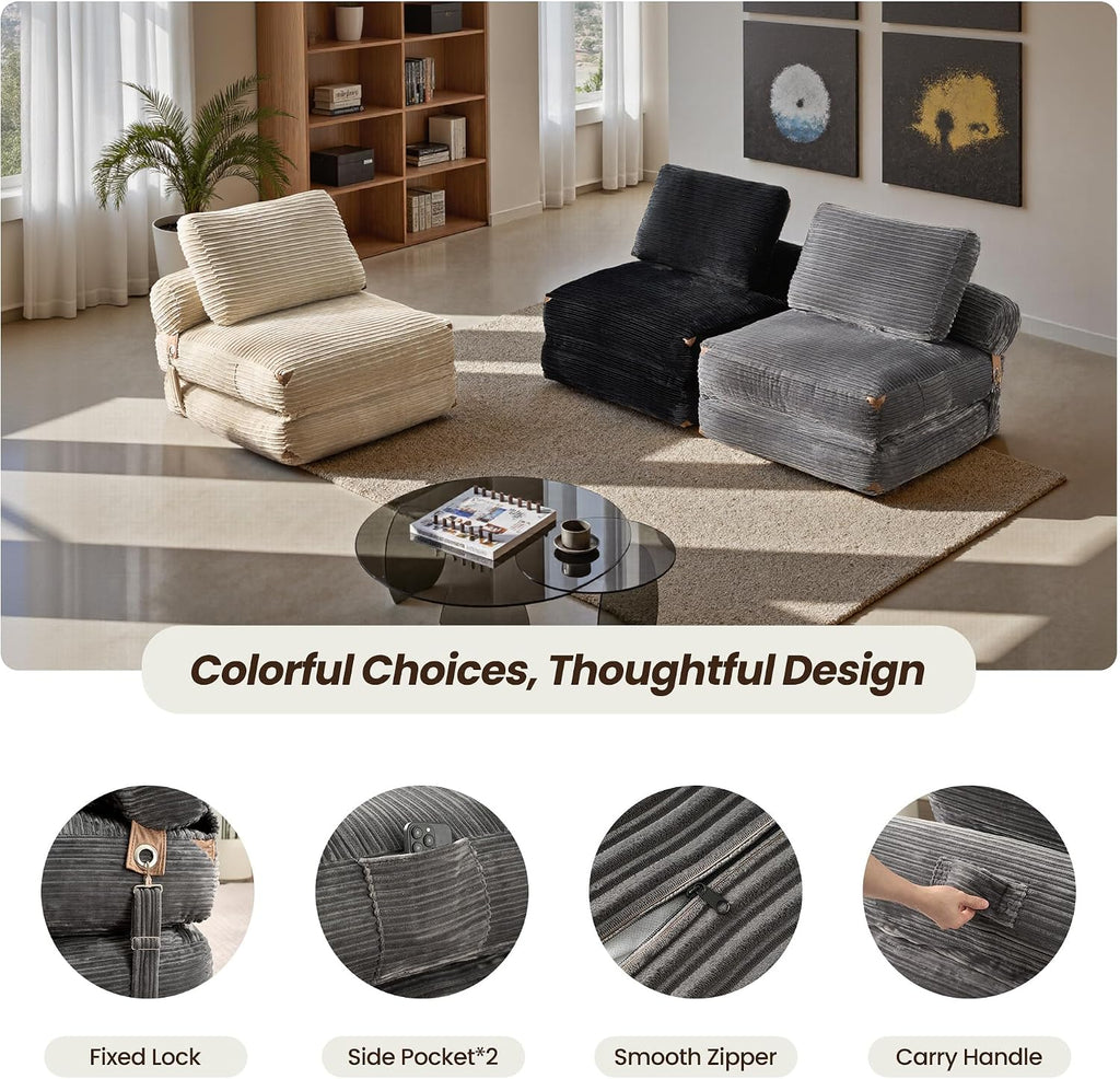 ovios Folding Sofa Bed, Foldable Sleeper Chair Floor Futon, Comfy Portable Convertible Fold Out Lounge Chairs for Living Room Bedroom, Grey