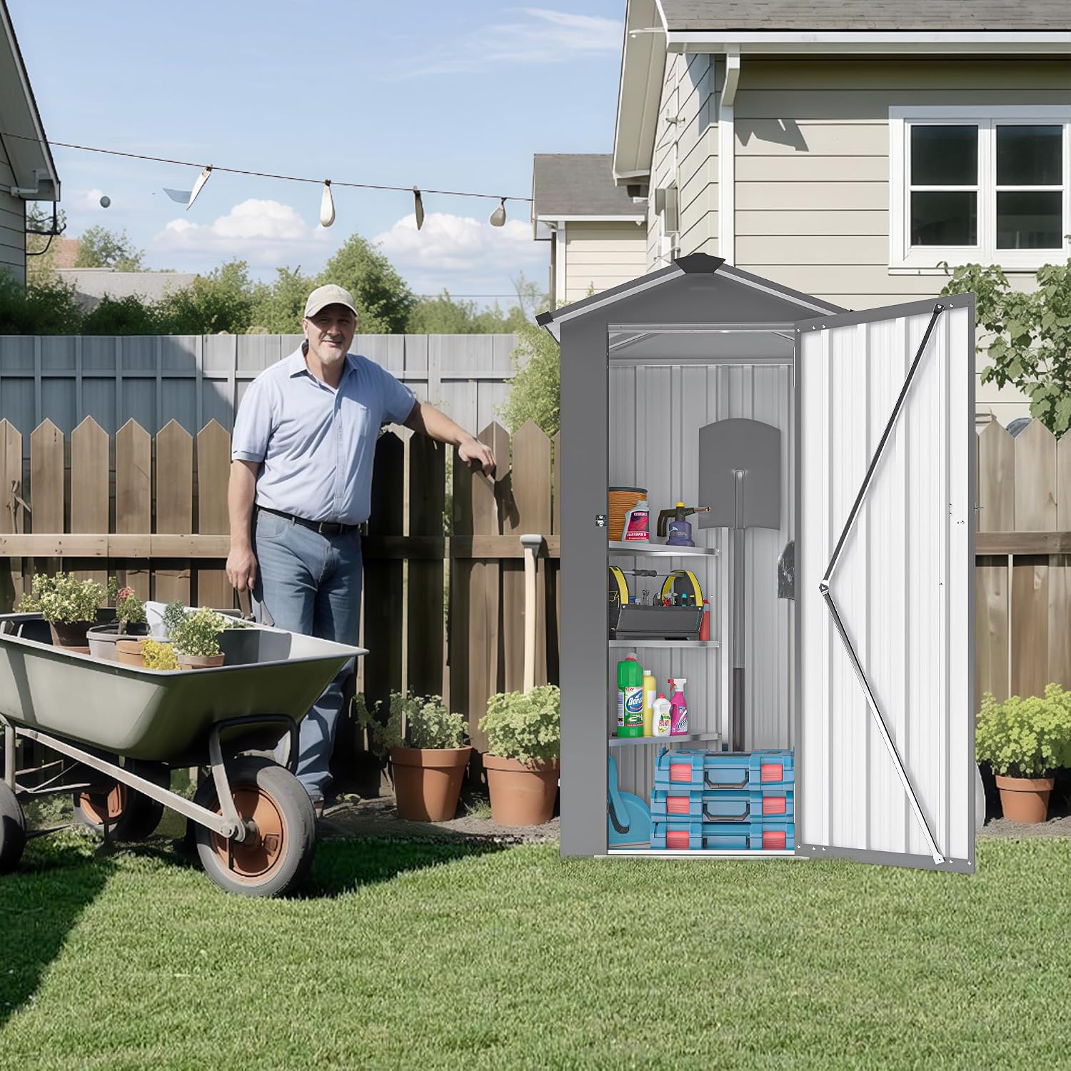 KEIKI Outdoor Storage Shed, 69.7''x16.9''x29.5'' Metal Tool Shed with Sloping Roof & Lockable Door, Small Shed, Top Tall Vertical Tool Cabinet for Backyard Garden Patio Lawn, Black