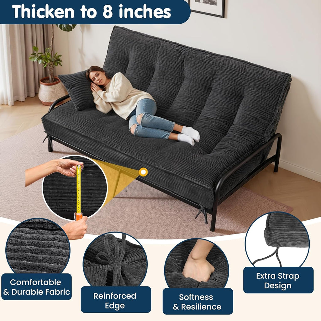 8 Inch Futon Mattress Full Size, Futon Floor Sofa Bed Foldable with Soft Corduroy Fabric - High Resilience Foam Filling - 2 Storage Straps for Home, Guest Room, Dorm, Grey (Frame Not Included)