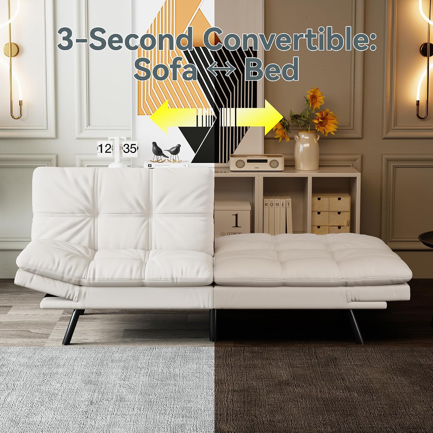 Futon Sofa Bed Convertible Couch, White Faux Leather Sofa Bed with Memory Foam, Adjustable Backrest & Armrests, Multifunctional Small Loveseat Sleeper Sofa for Living Room, Apartment, Office