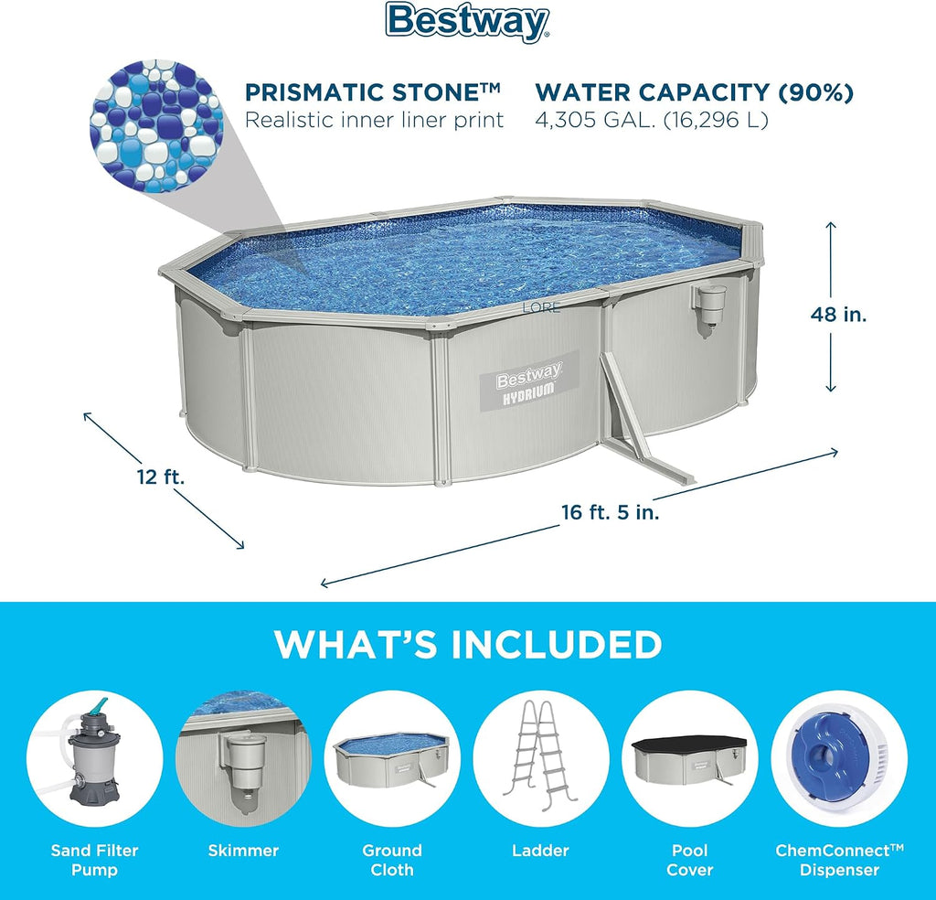 Bestway Hydrium 16'5' x 12' x 48' Above Ground Pool, Oval Steel Side Wall Frame Outdoor Swimming Pool Set with Sand Filter Pump, Ladder & Accessories