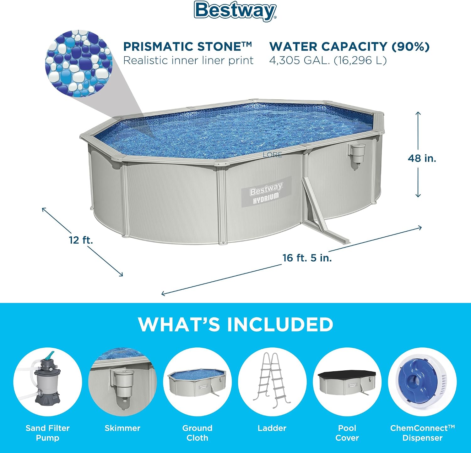 Bestway Hydrium 16'5' x 12' x 48' Above Ground Pool, Oval Steel Side Wall Frame Outdoor Swimming Pool Set with Sand Filter Pump, Ladder & Accessories