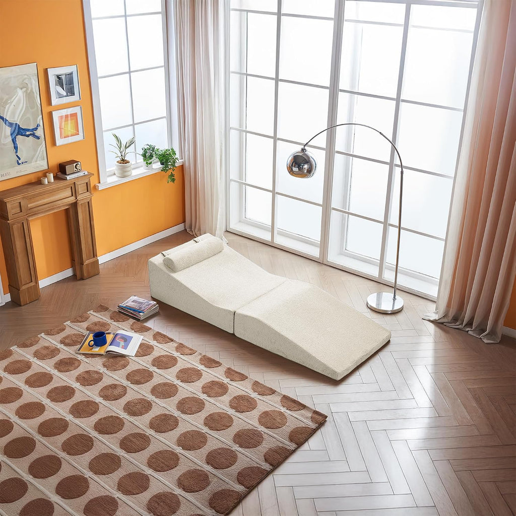 GDFStudio Rue Velvet Foldable Sofa Bed, Convertible Sleeper Chair with Pillow, Foldable Mattress with Back Support, Portable Lounge Sofa for Living Room/Bedroom, No Assembly Needed, Beige