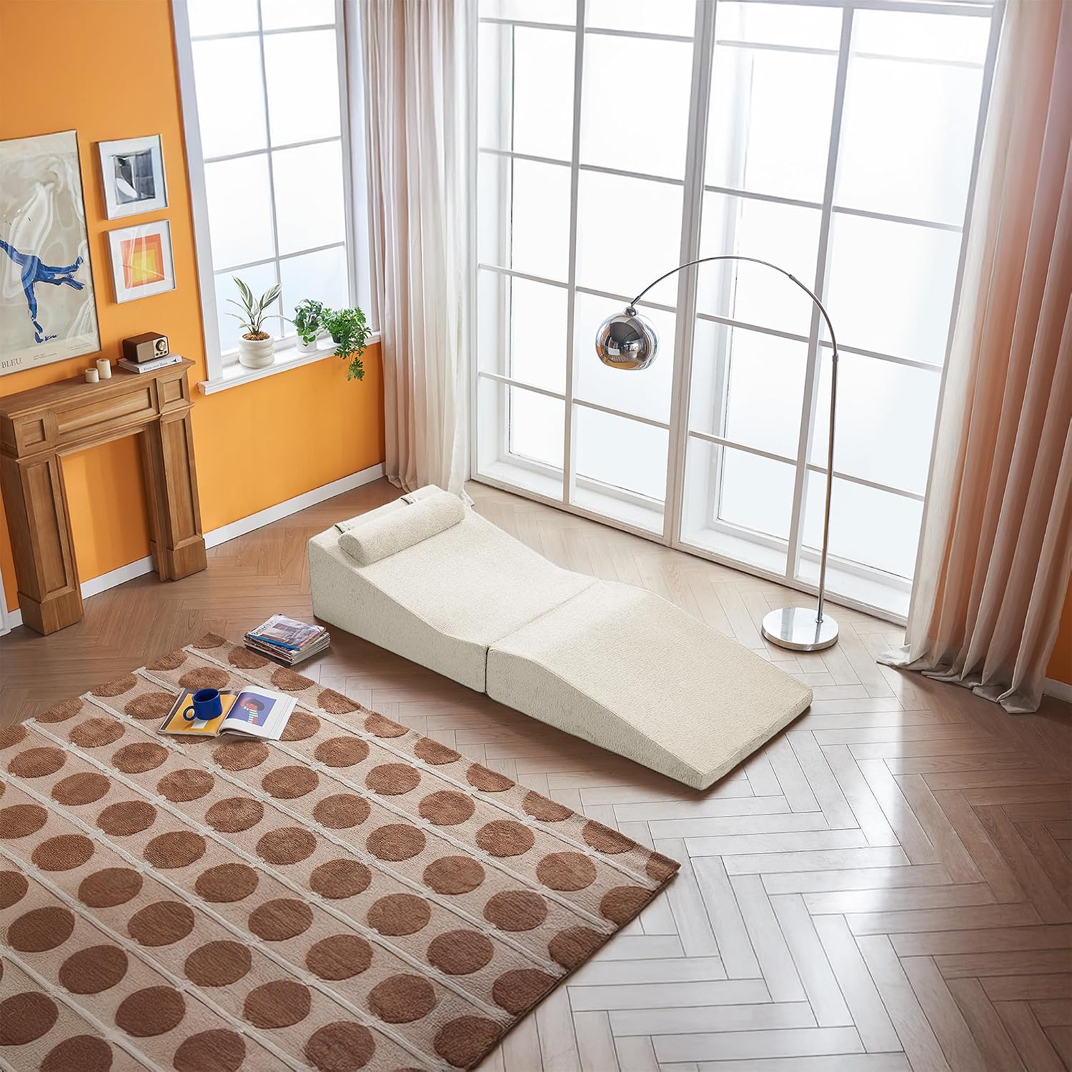 GDFStudio Rue Velvet Foldable Sofa Bed, Convertible Sleeper Chair with Pillow, Foldable Mattress with Back Support, Portable Lounge Sofa for Living Room/Bedroom, No Assembly Needed, Beige