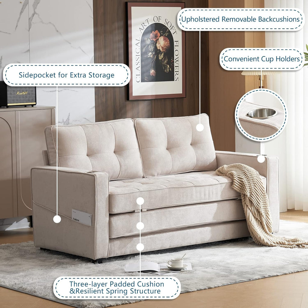 VINGLI Upgraded 64' W 84' L Full Size Futon Sofa Bed, 6' Thick Upholstery Chenille Loveseat Sofa Sleeper Pull Out Couch,Convertible Floor Couch for Living Room, Bedroom, Entertainment Room, Beige