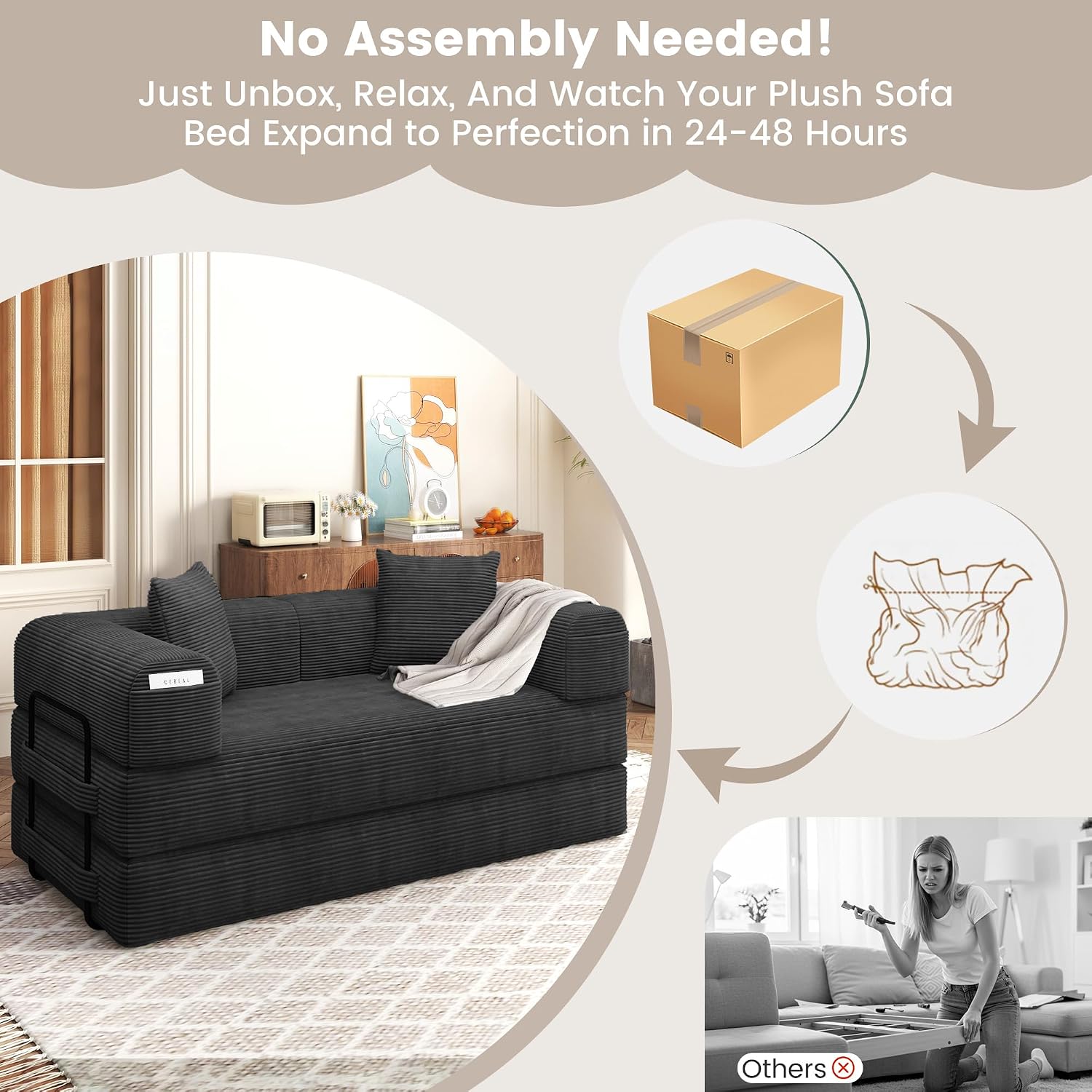 80' Convertible Sofa Bed, 5 in 1 Modular Boneless Couch Sleeper Sofa Bed with Fixed Frame & Removable Backrest Pillow, Washable Corduroy Futon Sofa Bed Couch in a Box for Small Spaces, Dark Black