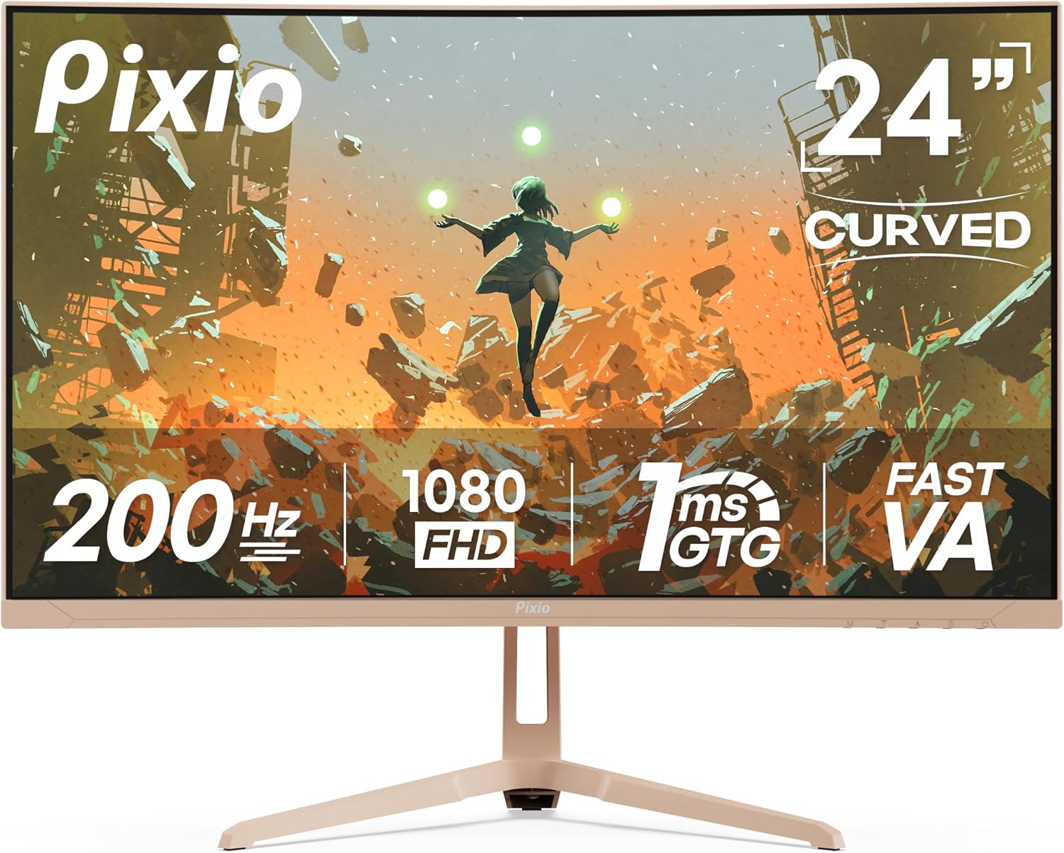 Pixio PXC248WAVE Beige 24 inch 200Hz Refresh Rate FHD 1080p Resolution 1500R Curve Fast VA Panel 1ms GTG Response Time HDR Curved Gaming Monitor and PS1S Wave Blue Beige Monitor Arm