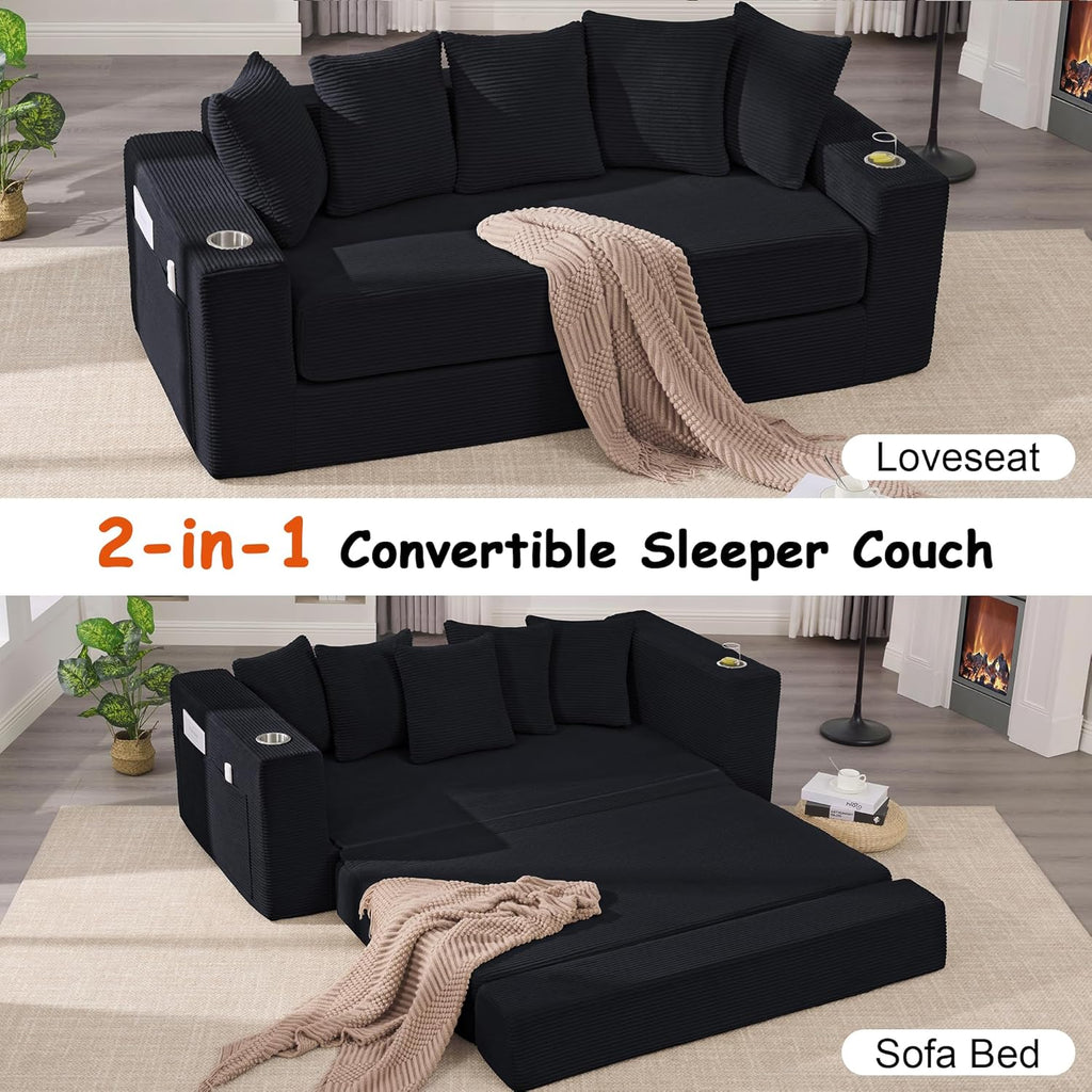 76' Convertible Sofa Bed, 2-in-1 Boneless Sleeper Sofa with Cup Holder & Pocket, Corduroy Pull Out Couch with 5 Pillows, Couch Bed for Living Room, Small Spaces, Bedroom, No Assembly
