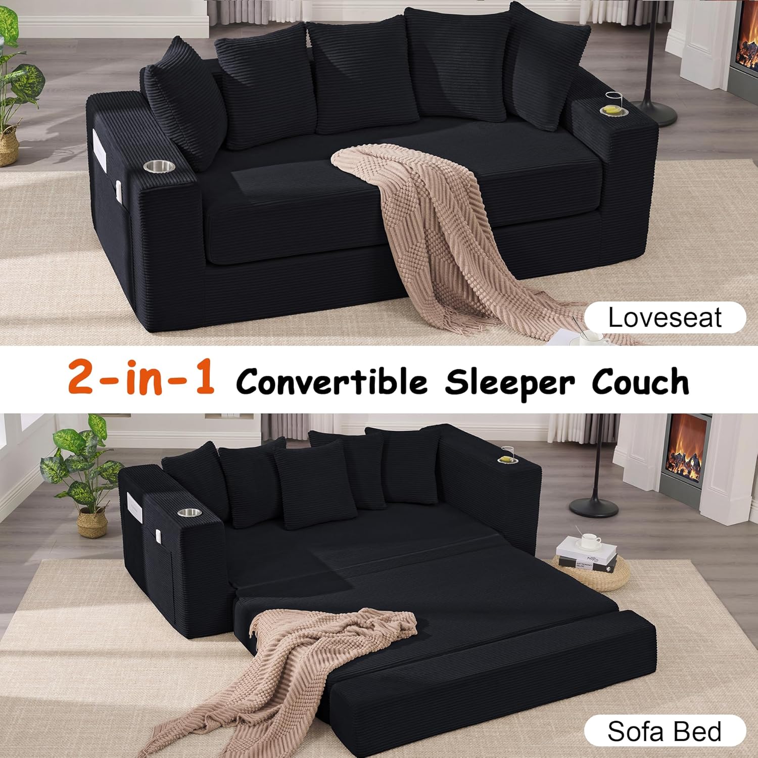 76' Convertible Sofa Bed, 2-in-1 Boneless Sleeper Sofa with Cup Holder & Pocket, Corduroy Pull Out Couch with 5 Pillows, Couch Bed for Living Room, Small Spaces, Bedroom, No Assembly