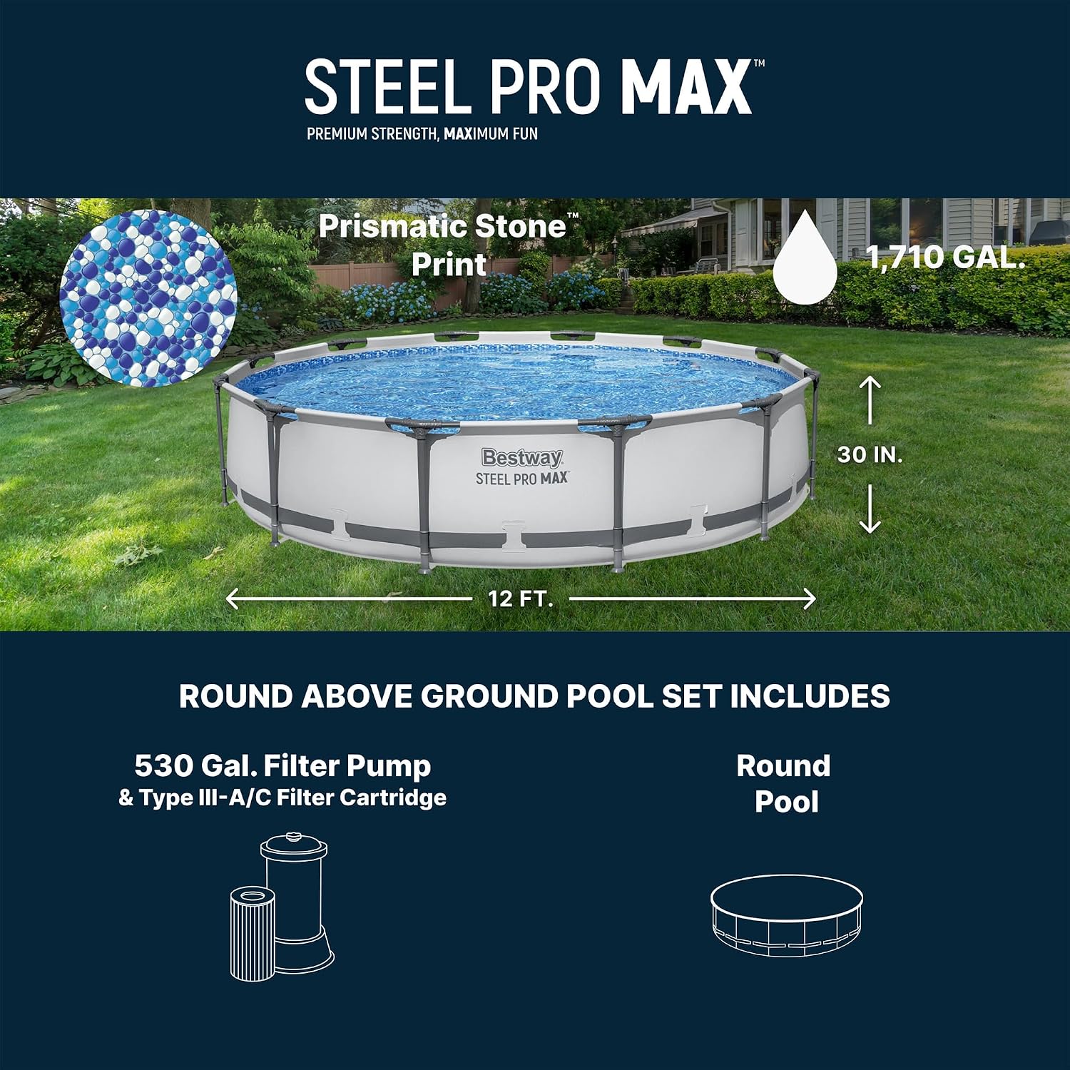Bestway Steel Pro MAX 12' x 30' Above Ground Pool, Round Metal Frame Outdoor Swimming Pool Set with Filter Pump & Type III A/C Cartridge, Gray