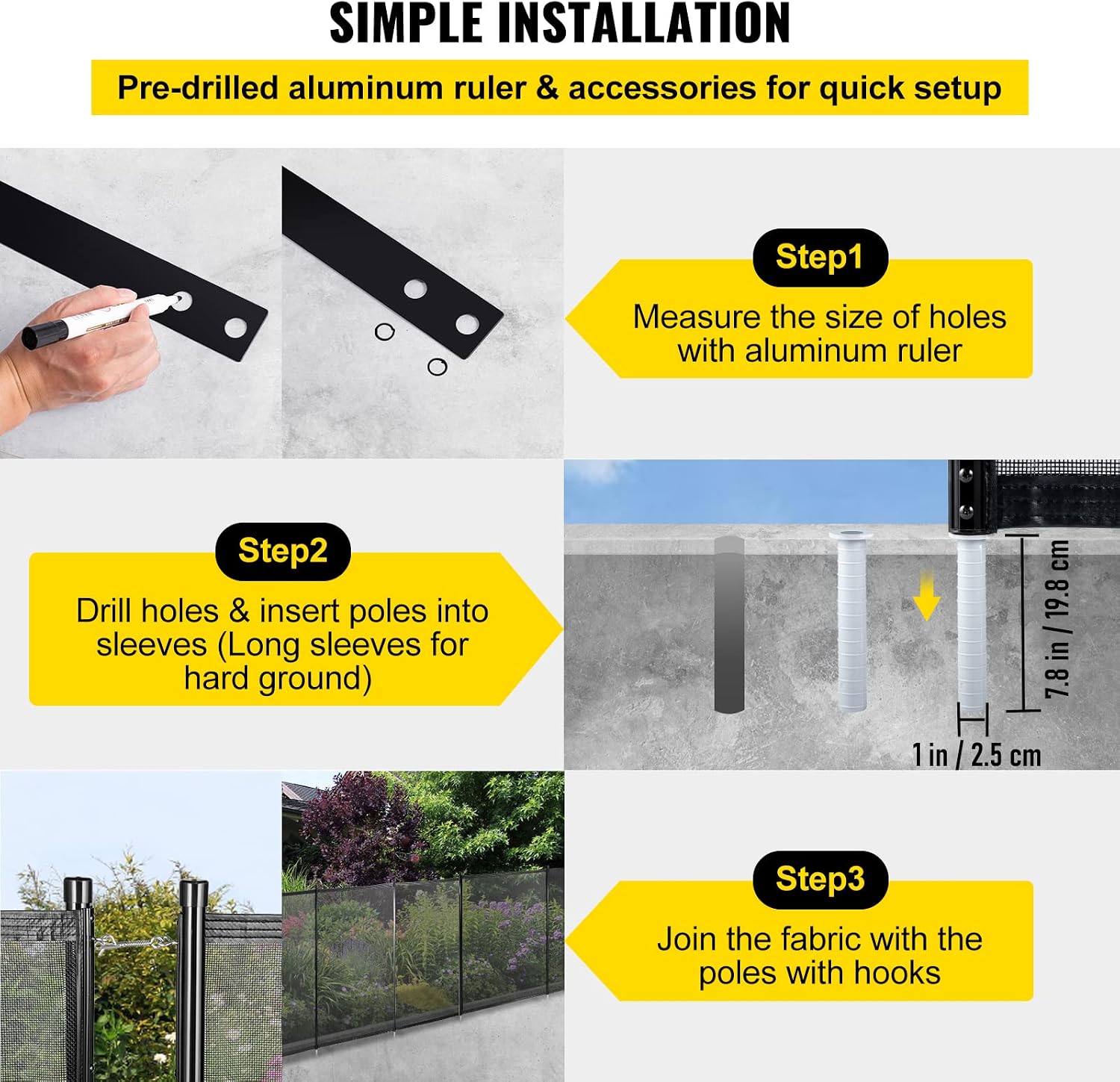 Happybuy Pool Fence, 4FTx 48FT DIY Pool Fences for Inground Pools, Removable Child Safety Pool Fencing, Swimming Pool Fence in Ground for Kids Safety, Black Pool Mesh to Protect Kids