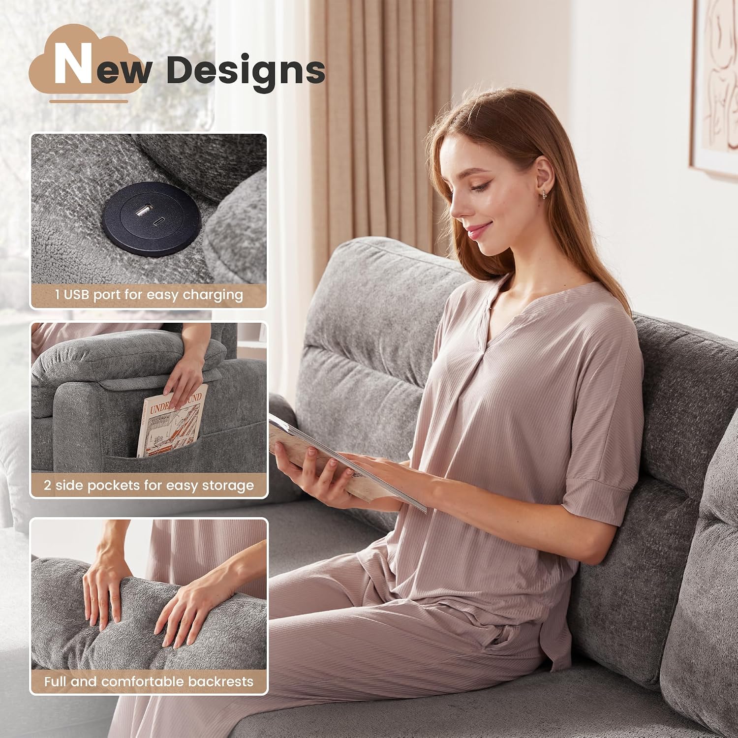 Tbfit 84'' Sleeper Sofa Bed, 3 in 1 Cloud Pull Out Sofa Couch with USB & Storage Chaise, Chenille Convertible Sofa Bed with Pull Out Bed, Couches for Living Room, Apartment, Office, Light Grey