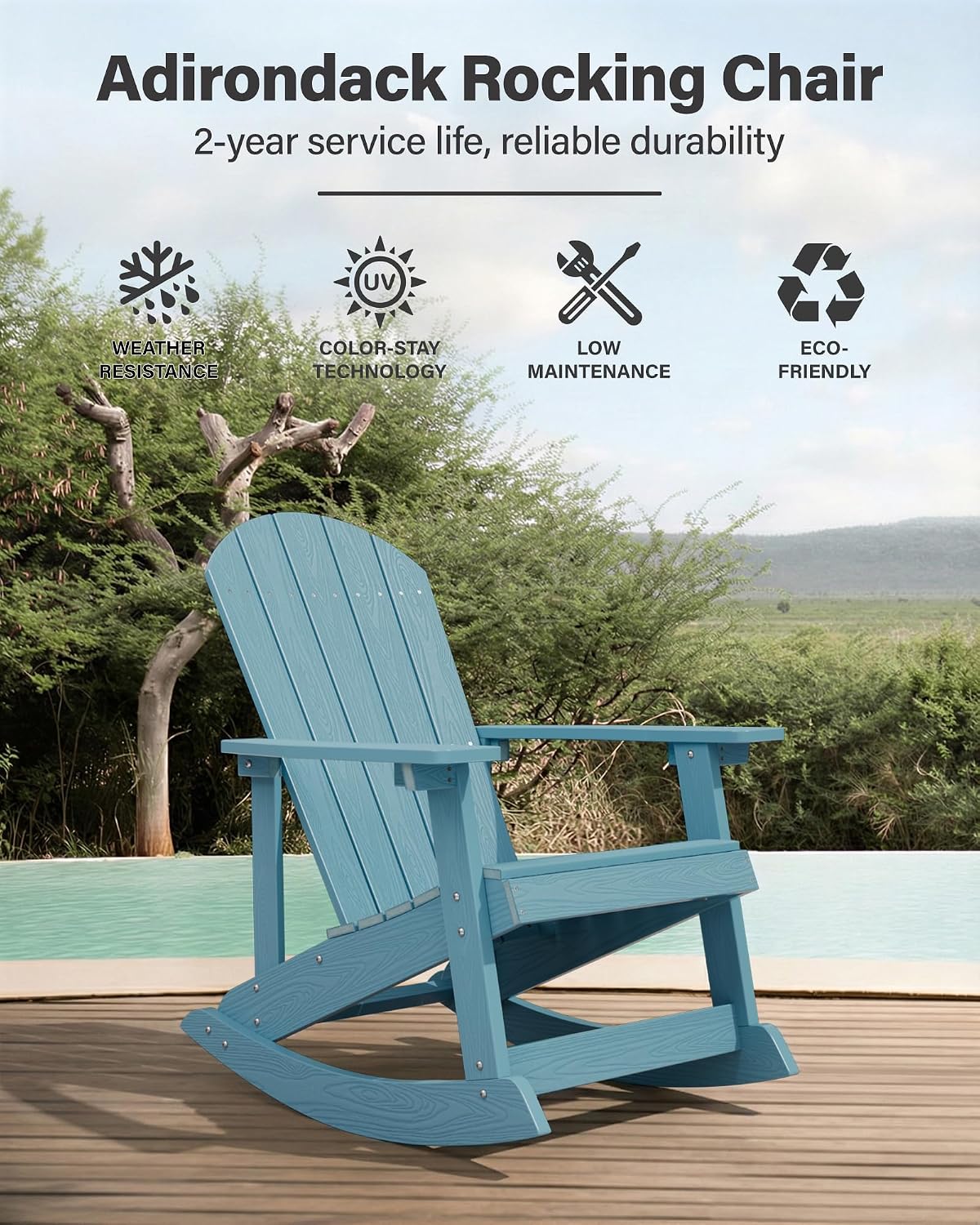 YEFU Outdoor Rocking Chair Set of 2,Adirondack Rocking Chair,Patio Rocker Chair with Wide Back,Oversized Rocker Chair Look Like Real Wood, for Lawn, Porch, Backyard, Indoor and Garden(Blue)