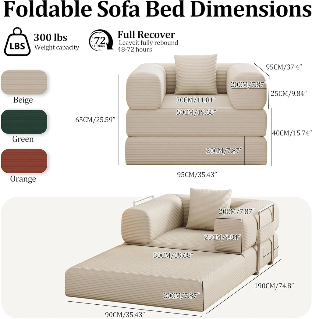 BSHOMGI Folding Sofa Bed, 2 in 1 Convertible Sofas to Lounger Comfy Single Bean Bag Chair Floor Portable Foldable Sleeper Lazy Futon Couch Chair for Bedroom, Living Room (Beige, 35.43' Single Sofa)
