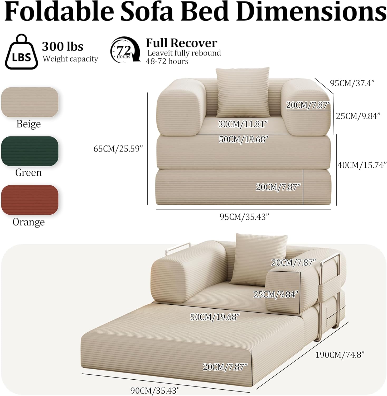 BSHOMGI Folding Sofa Bed, 2 in 1 Convertible Sofas to Lounger Comfy Single Bean Bag Chair Floor Portable Foldable Sleeper Lazy Futon Couch Chair for Bedroom, Living Room (Beige, 35.43' Single Sofa)