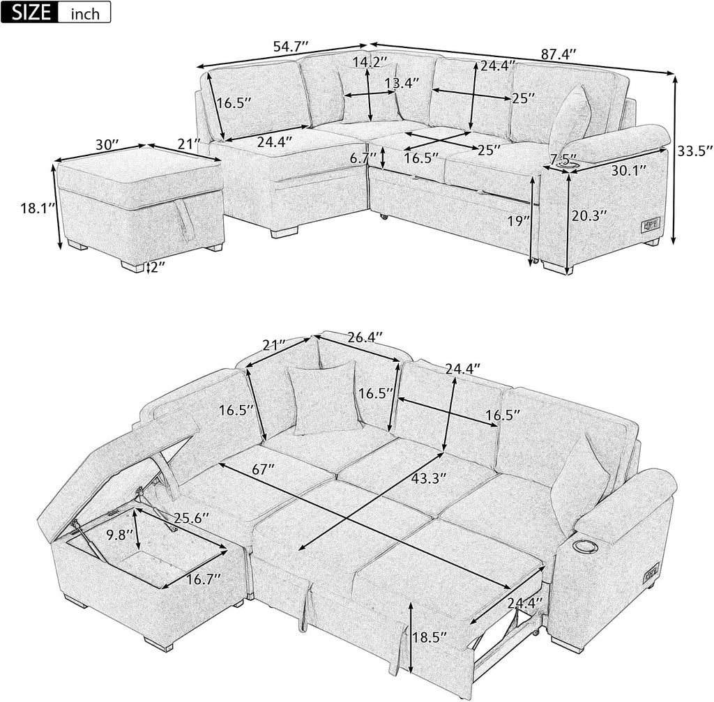 LUMISOL 87' Convertible Sleeper Sofa with Storage Ottoman, Pull Out Sofa Bed with Cup Holders & Charging Stations, L-Shaped Sectional Couch with Chaise for Living Room, Gray
