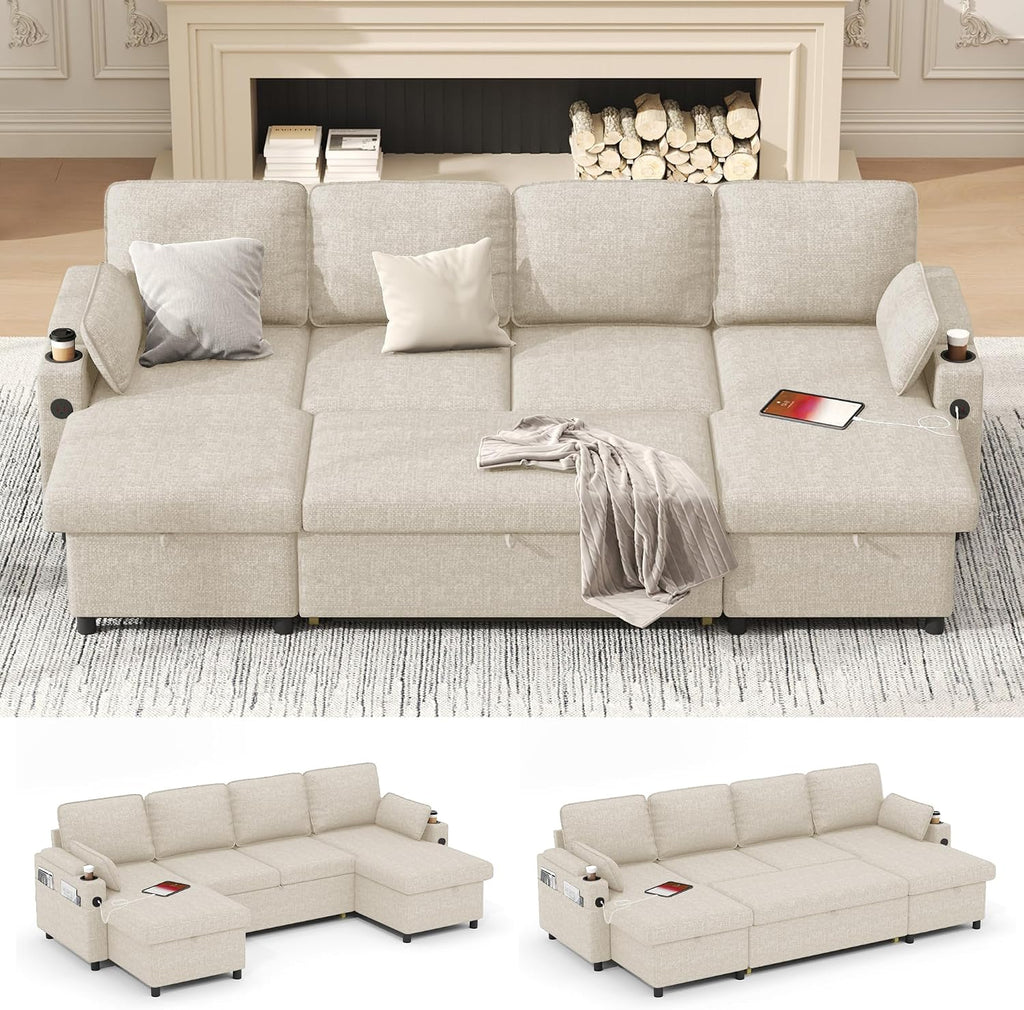 DURASPACE 104.3'' Sleeper Couch Pull Out Sofa Bed 2 in 1 Convertible Sofa Sleeper with Storage, U Shaped Sectional Couch Bed for Small Spaces Living Room Bedroom Apartment (Beige)