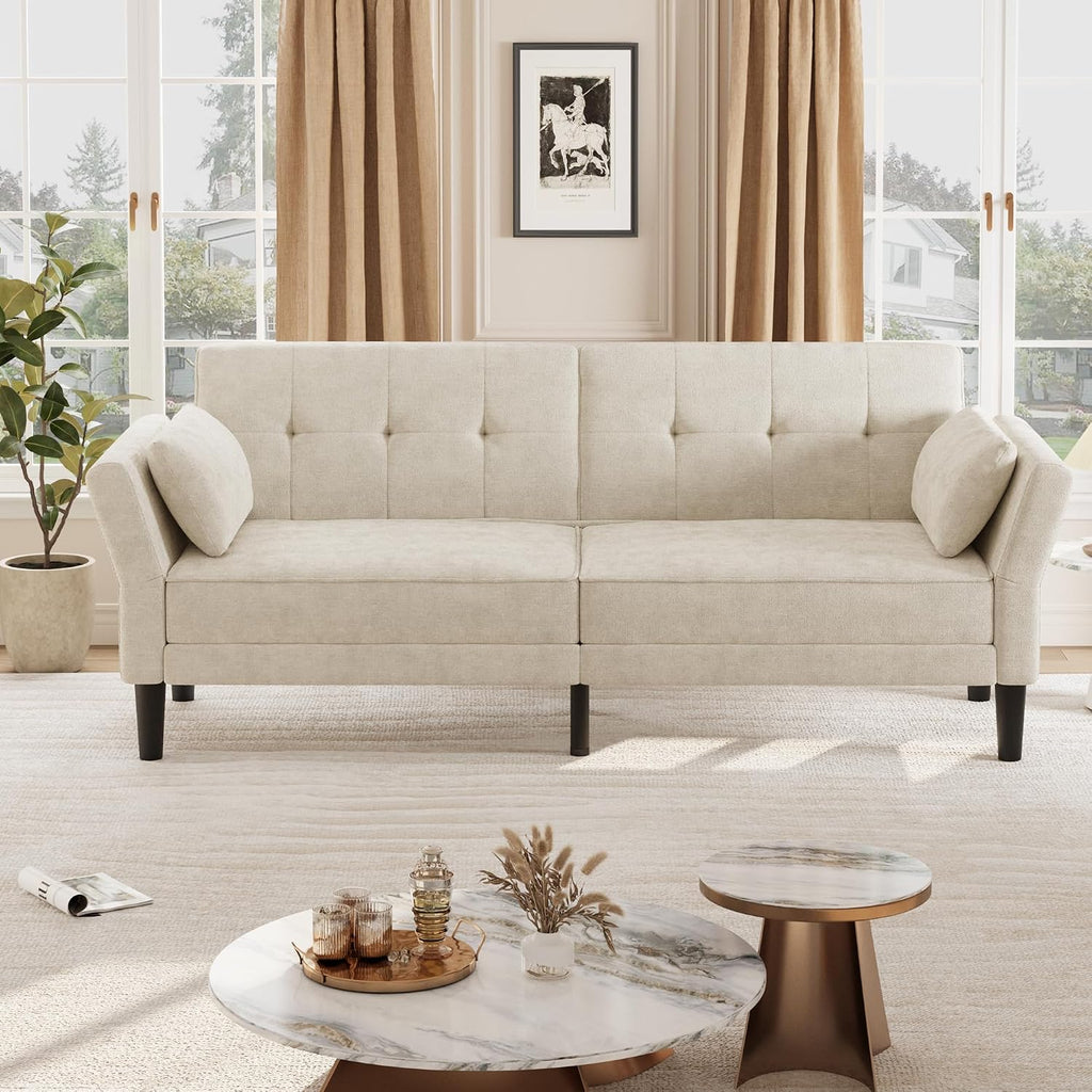 Garvee 89' Futon Sofa Bed, Modern Futon Couch Bed with Adjustable Backrest & Armrest, Comfy Convertible Sleeper Couch for Living Room Bedroom Apartments, Beige