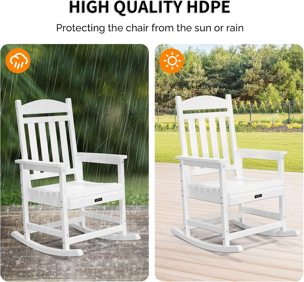 VINGLI Outdoor Rocking Chair Set of 2, Patio Rocking Chair with Higher Backrest, Outdoor Rocker with Comfortable Seat, All Weather Rocking Chair for Garden, Yard, Balcony, White