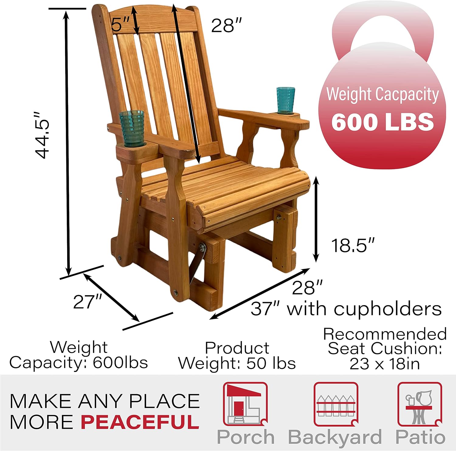 Amish Casual Heavy Duty 600 Lb Mission High Back Treated Glider Chair with Cupholders (Cedar Stain)