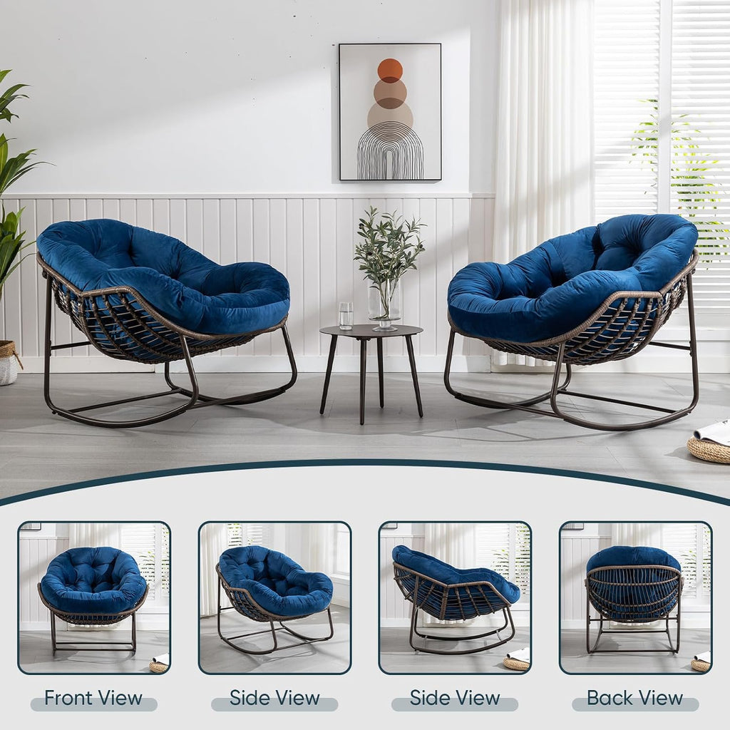 Outdoor Rocking Chair Set of 2, Patio Oversized Rattan Egg Rocking Chair, Indoor Outside Padded Cushion Rocker Recliner Chair, Modern Lounge Chair for Front Porch, Garden, Backyard, Balcony, Navy Blue