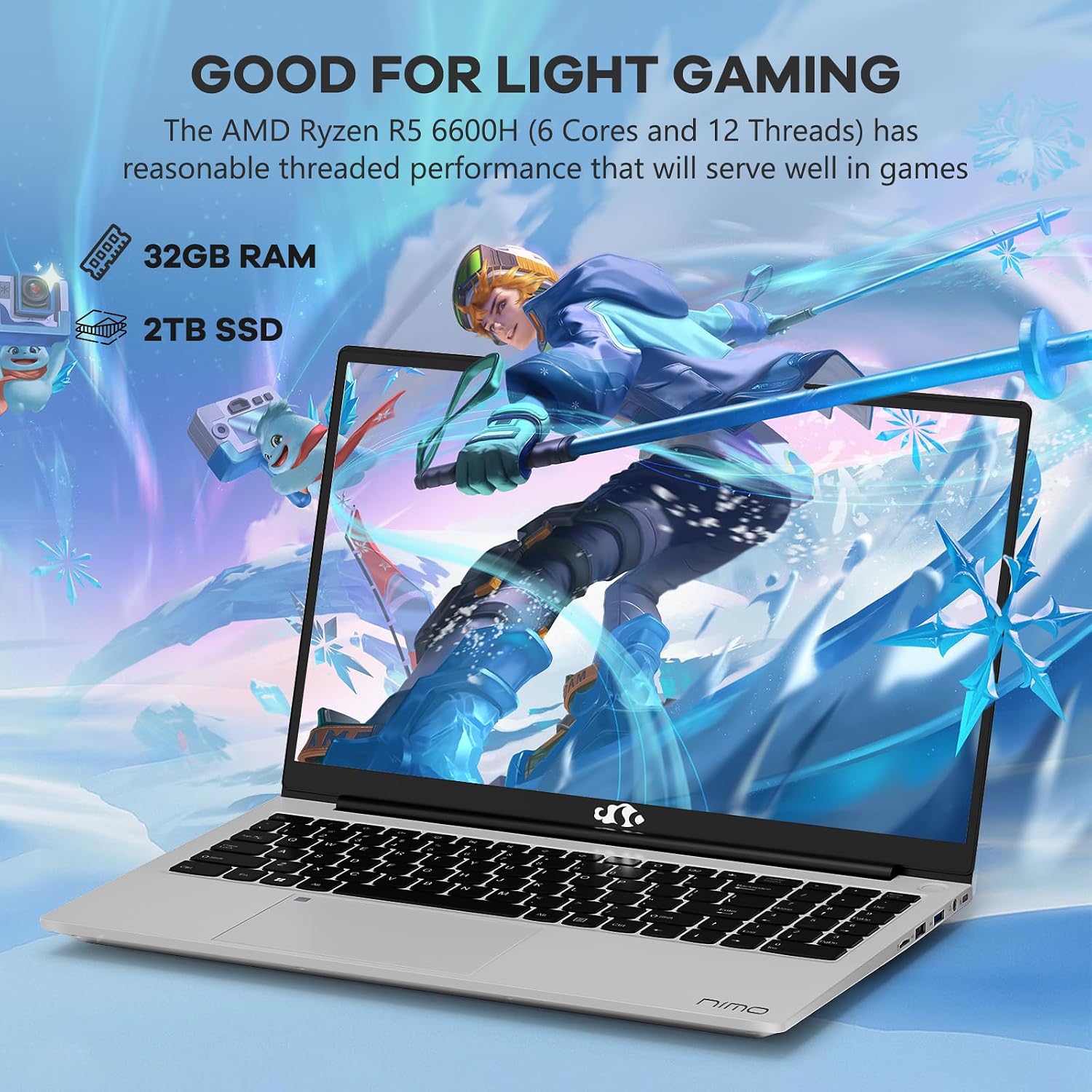 NIMO 15.6'' FHD IPS Business-Laptop-Computer - AMD Ryzen 5 6600H, 32GB DDR5 RAM 2TB SSD(Beat R7 5700U, 6 Cores Up to 4.5GHz), 100W Type-C, 6 Cores 660M GPU, Fingerprint, Backlit Keyboard, Win 11