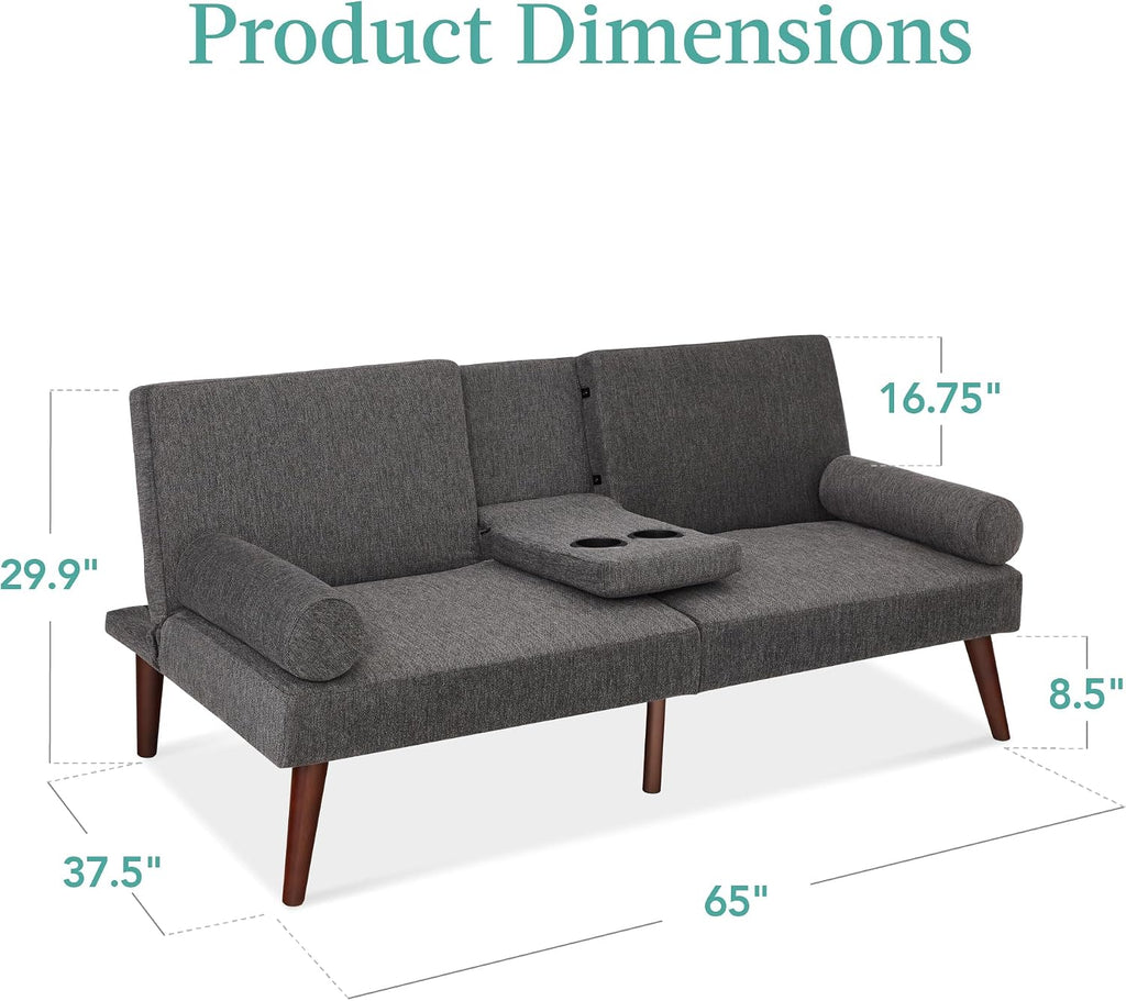 Best Choice Products Mid-Century Modern Upholstered Futon, Convertible Folding Sofa Bed, Small Couch w/Rounded Armrests, 2 Cupholders - Charcoal