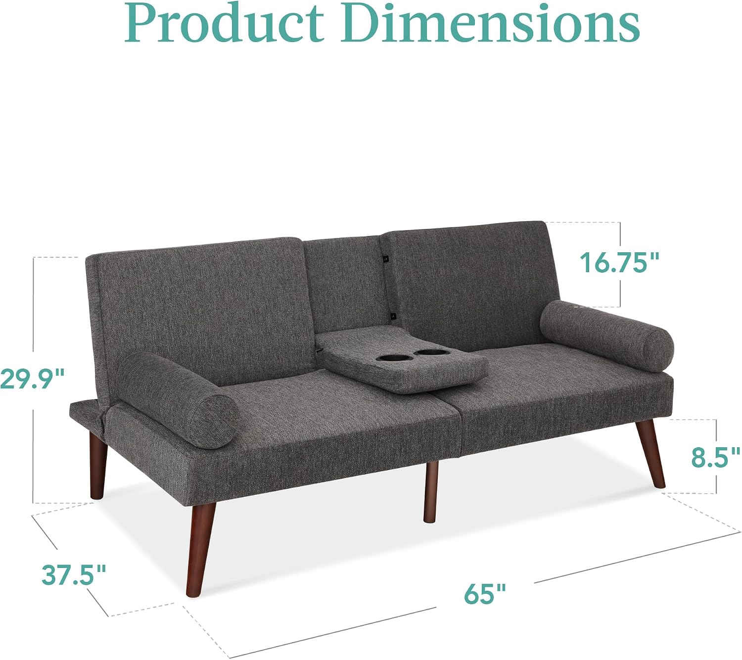 Best Choice Products Mid-Century Modern Upholstered Futon, Convertible Folding Sofa Bed, Small Couch w/Rounded Armrests, 2 Cupholders - Charcoal