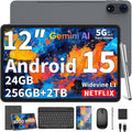 2025 12 Inch Tablet, Android 15 Tablets with Keyboard, 24GB+256GB+2TB Expand, 2K Display, Tablet PC with 5G WiFi, Octa-Core, 8000mAh, BT5.0, GMS, GPS, 2 in 1 Tablets with Case, Mouse, Stylus(Silver)