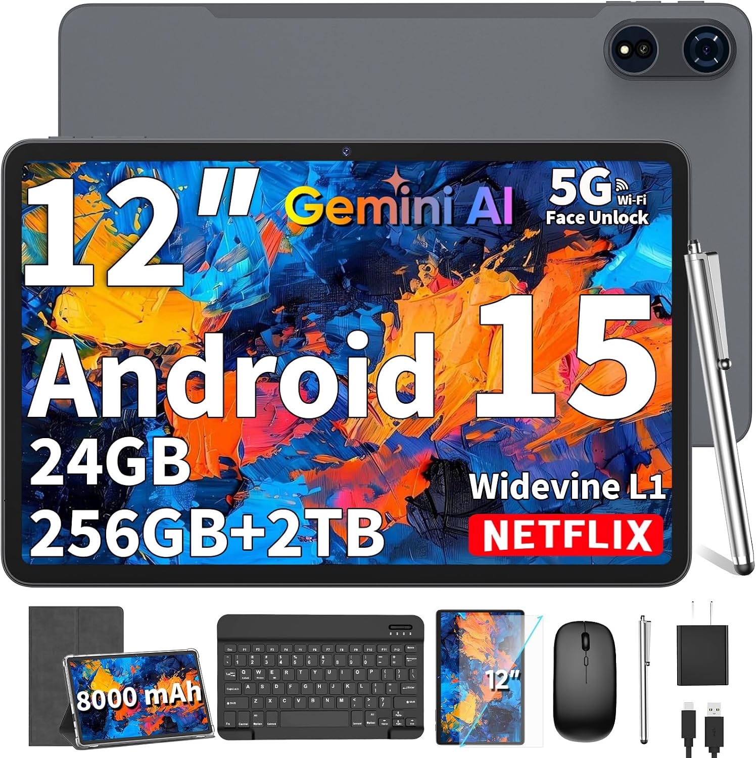 2025 12 Inch Tablet, Android 15 Tablets with Keyboard, 24GB+256GB+2TB Expand, 2K Display, Tablet PC with 5G WiFi, Octa-Core, 8000mAh, BT5.0, GMS, GPS, 2 in 1 Tablets with Case, Mouse, Stylus(Silver)