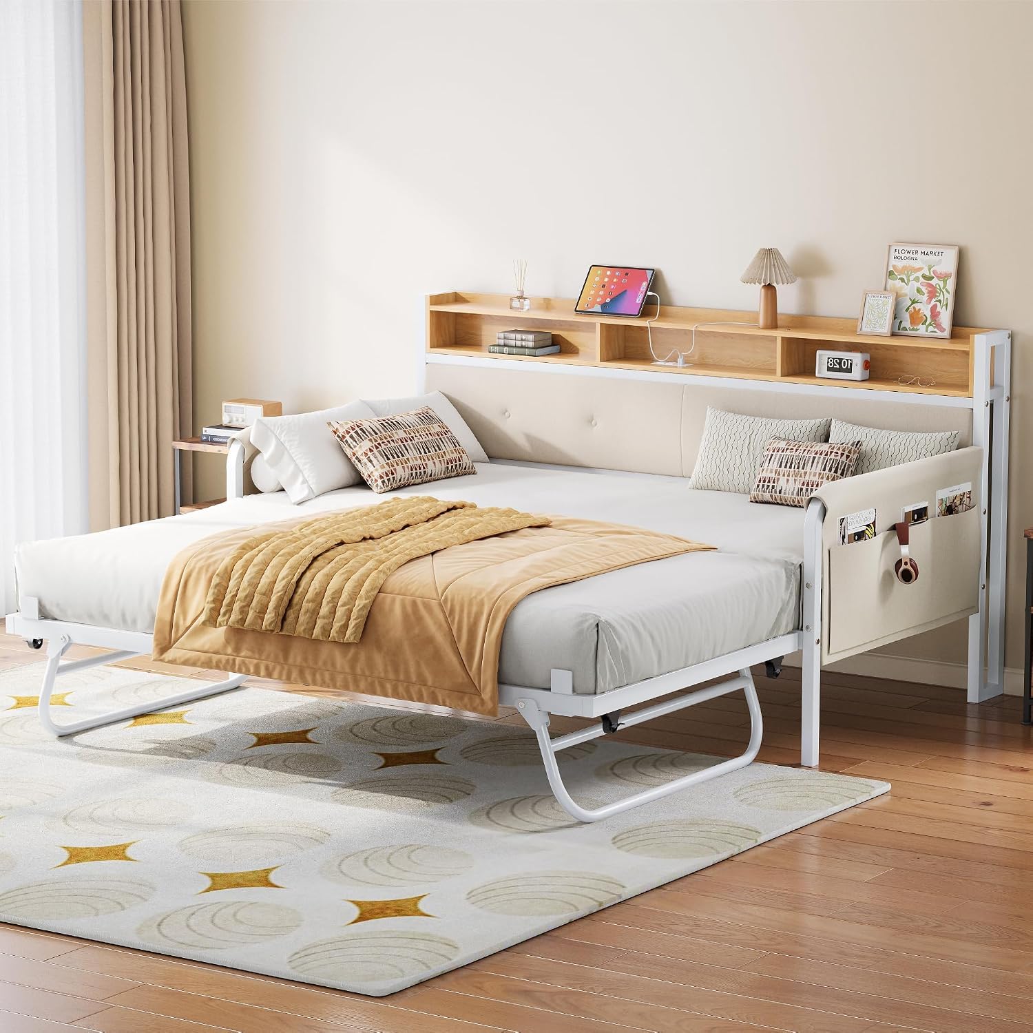 LIKIMIO Daybed with Trundle, Twin Bed Frame with Upholstered Headboard and Charging Station, Sofa Day Bed with Strong Supports for Living Room, Bedroom and Guest Room, White