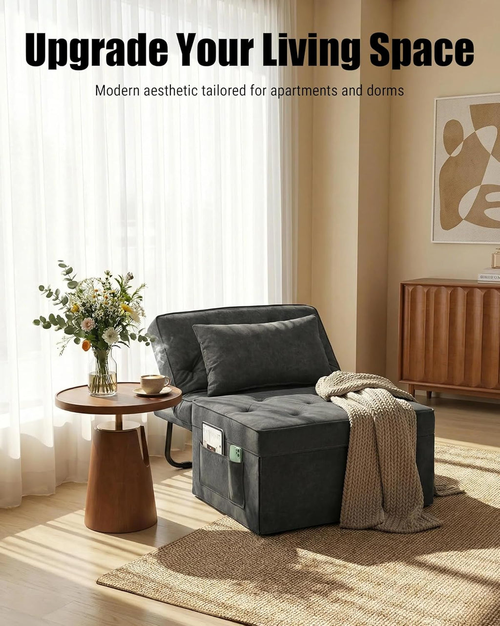 4 in 1 Sleeper Sofa Bed, Foldable Ottoman Sleeper Bed with Adjustable Backrest, Convertible Chair Beds for Small Spaces Living Room Bedroom Apartment Office (Gray, 28'' Width)