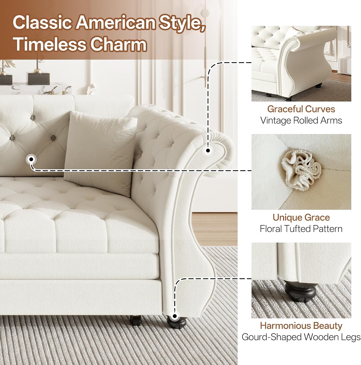 83.8' Oversized Pull Out Sofa Bed, Chesterfield Velvet Sleeper Sofa Couch with Roll Arm & Flower Tufting, Heavy Duty Metal Frame Convertible Sofa for Living Room, Apartment, Guest Room, Beige | Pull Out, Roll Arm, Flower Tufting, Convertible