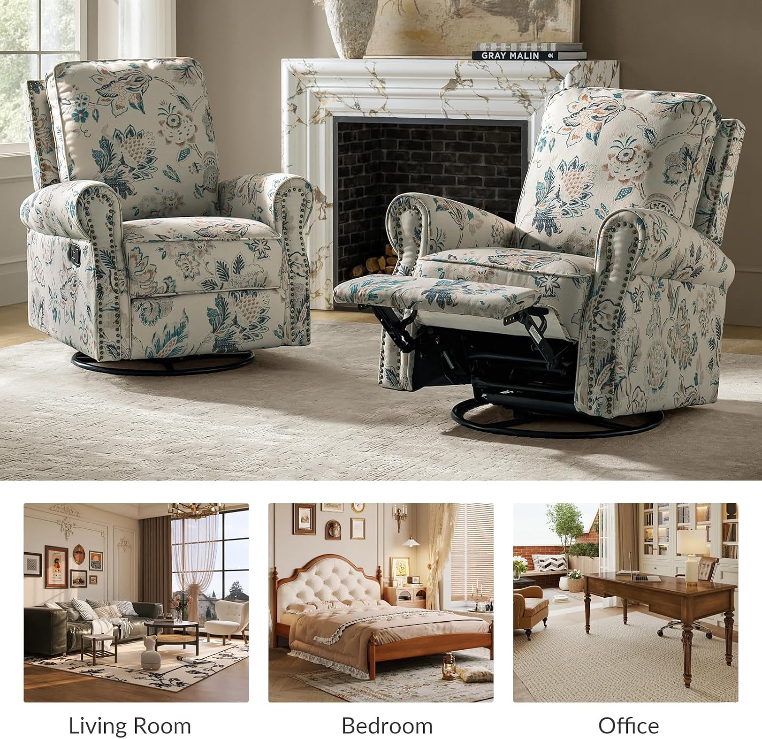 HULALA Home Modern Rocker Recliner, Printed Fabric Swivel Glider with Adjustable Backrest & Footrest, Teal