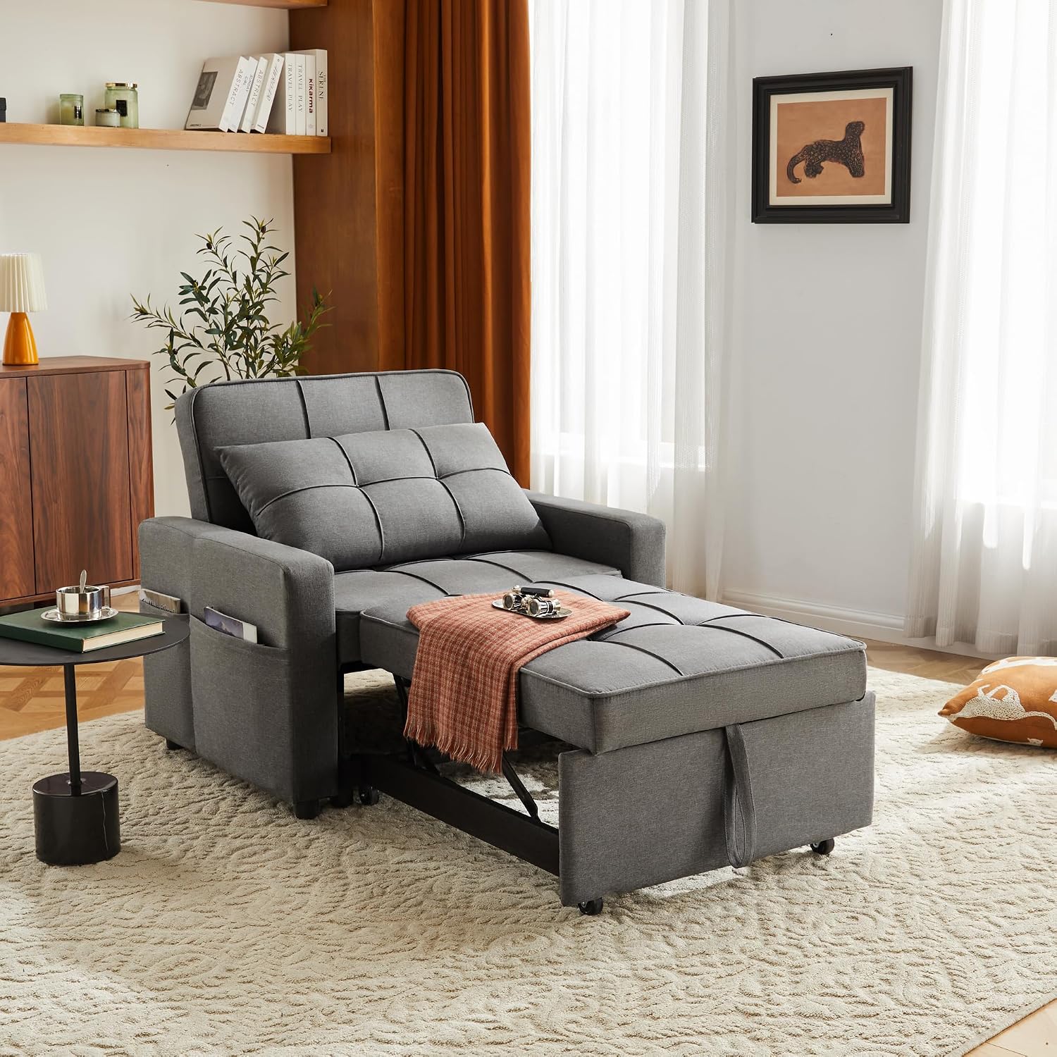 Yosonch Sofa Bed Chair Convertible ，Sleeper Sofa with Pull-Out Bed ，3-in-1 Futon Couch with Reclining Backrest and Side Pocket (Dark Grey, 35.6')