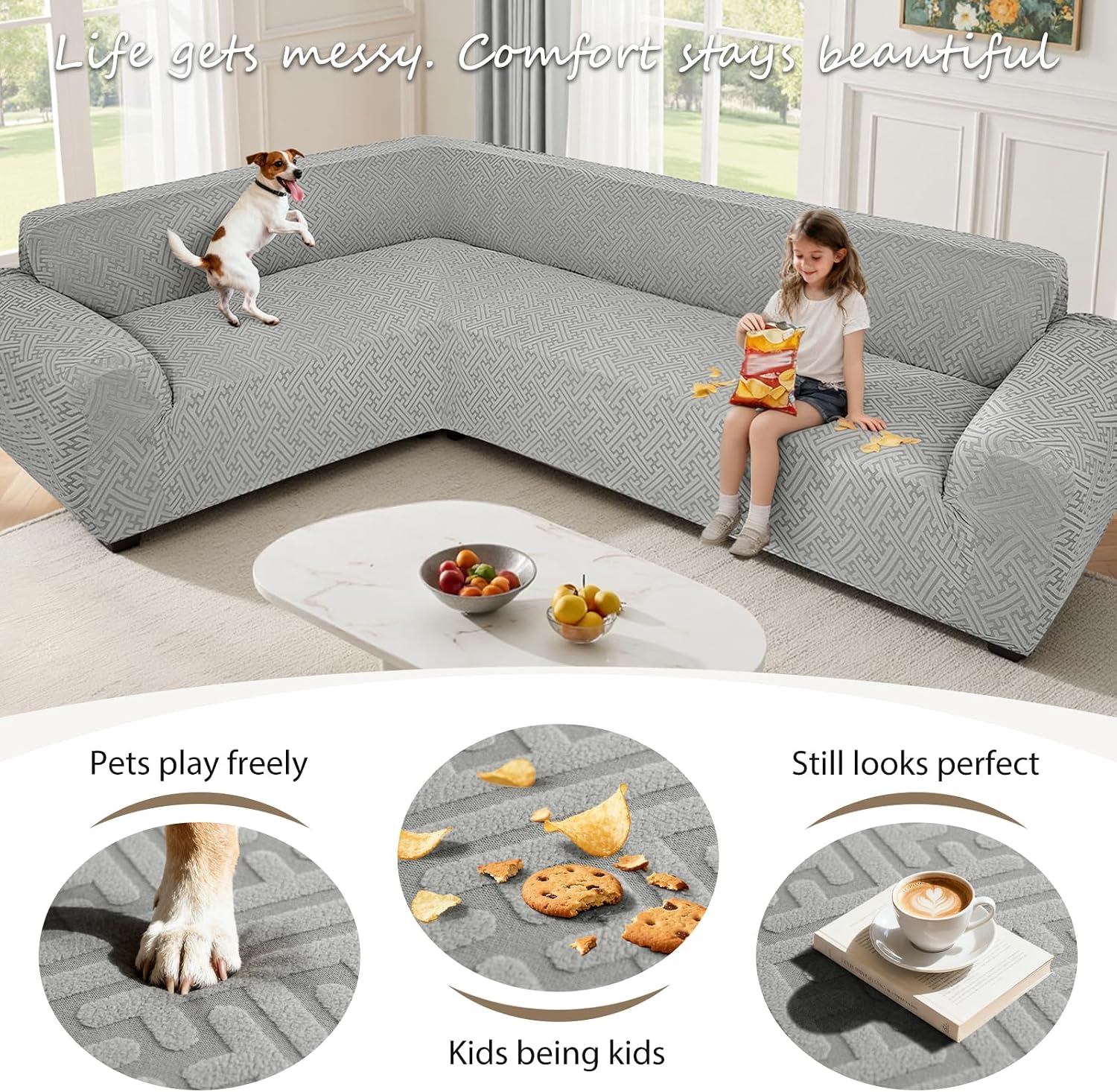 L Shape Sectional Couch Covers 1-Piece Stretch Corner Couch Covers Sofa Cover Non Slip Washable Sofa Slipcovers Soft Fleece Furniture Protector for Dogs Pet (X-Large, Ash Gray)