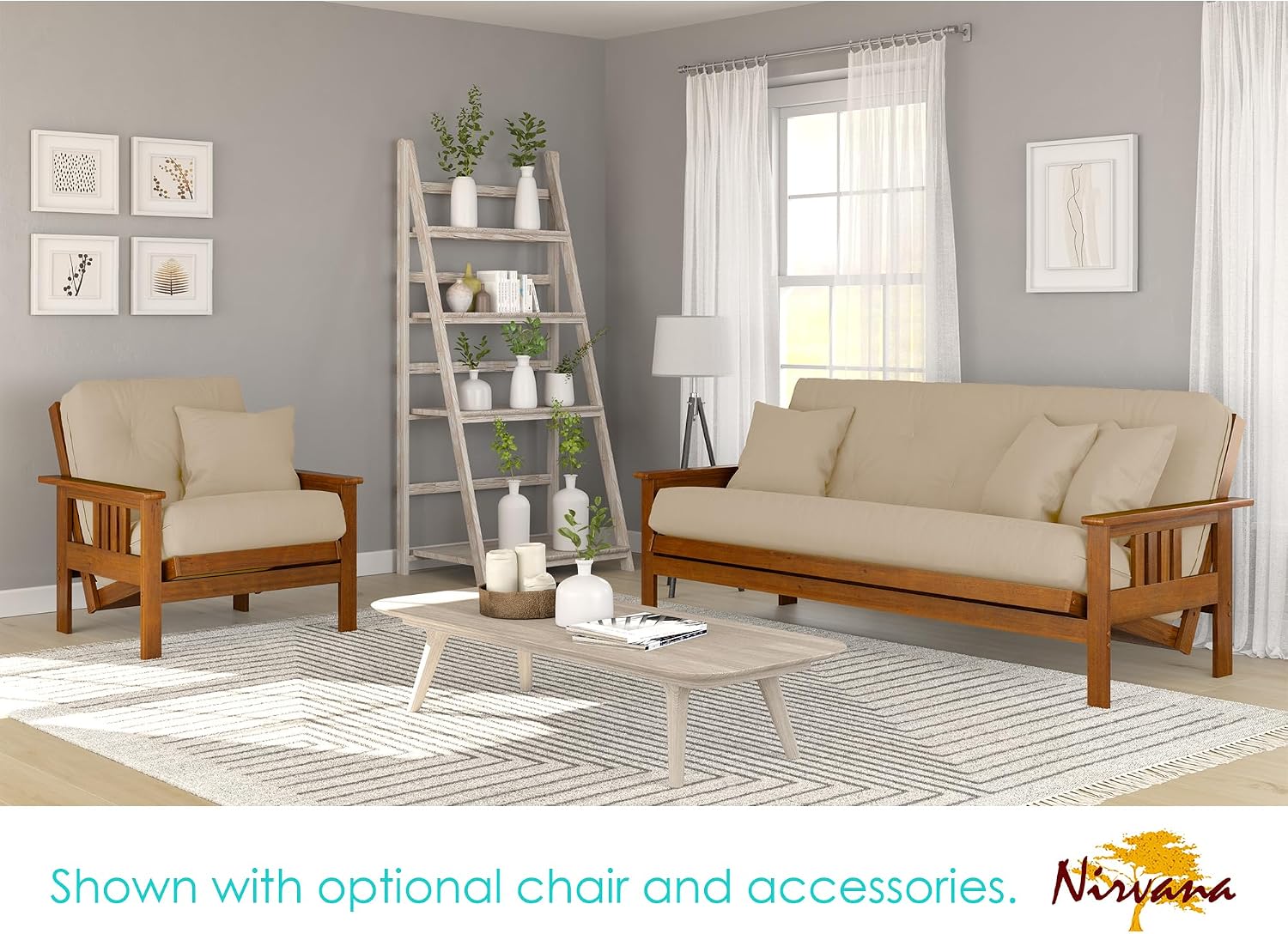 Nirvana Futons Stanford Futon Set - Full Size, Frame, 8' Mattress, Microfiber Sussex Khaki Cover