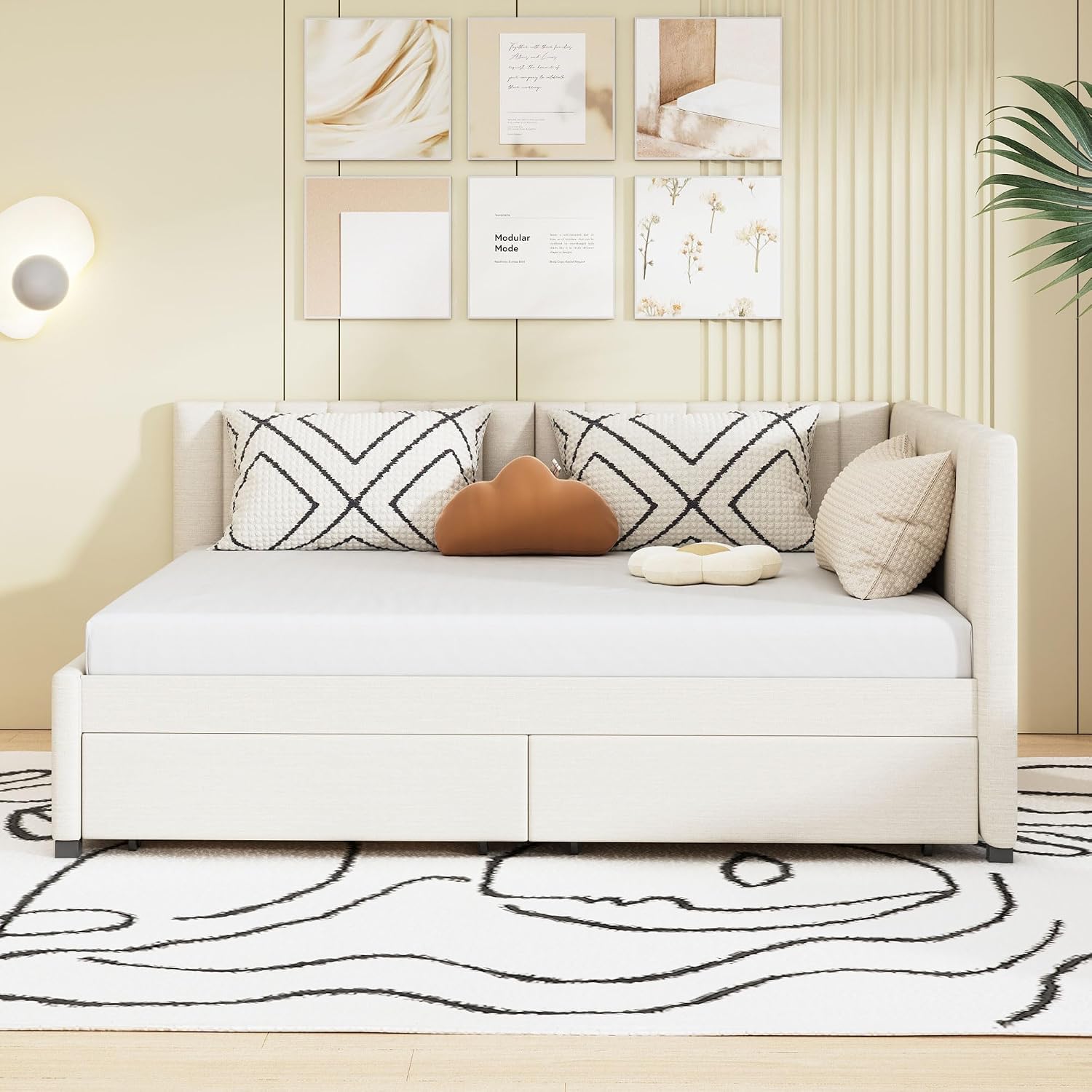 Merax Upholstered Daybed with 2 Storage Drawers, Beige Linen Full Size Sofa Bed Frame, No Box Spring Needed
