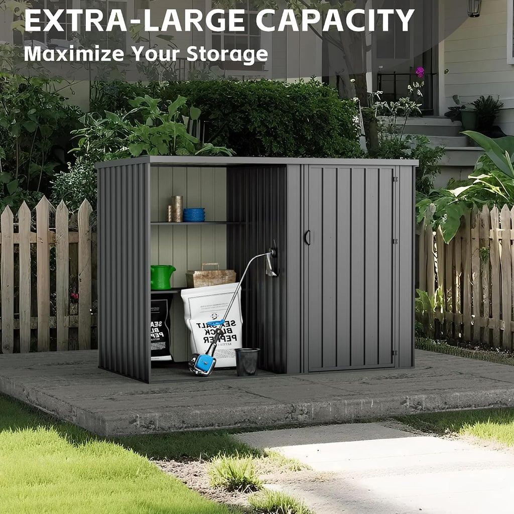 Durable 8×4 FT Metal Outdoor Storage Shed with Shelves, Waterproof & Lockable Garden Tool Shed, Small Backyard Patio Storage Shed for Lawn Mower, Dark Gray (No Floor)